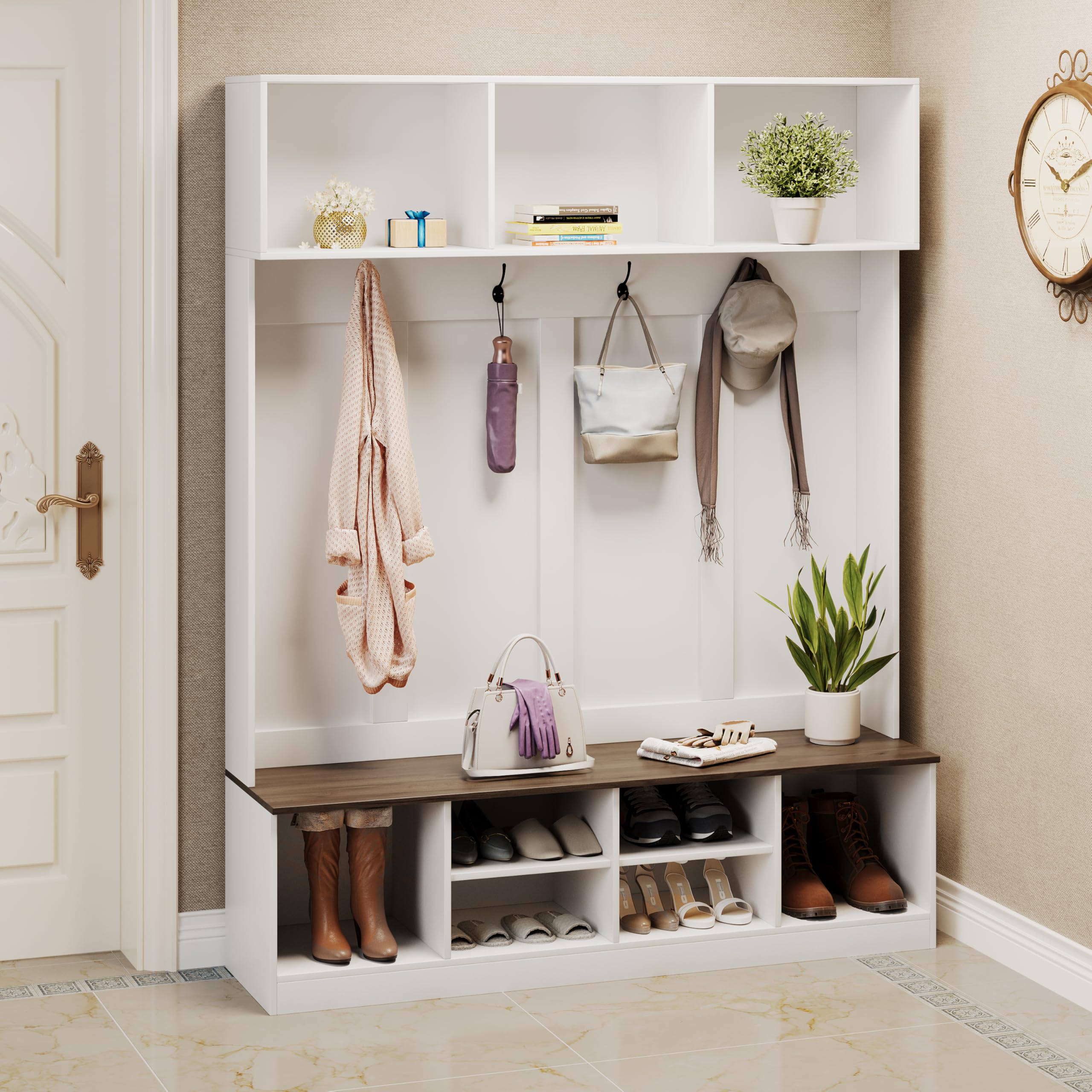 HAOBO Entryway Hall Tree with Bench & Shoe Storage - Adjustable Coat Rack, Open Shelves & Hanging Hooks - Perfect for Mudroom, Hallway & Home Organization - Space-Saving Entry Cabinet for Coats, Shoes & Accessories