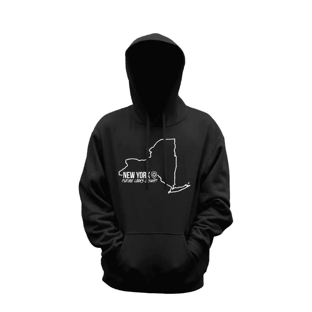Future Looks Bright New York State Black Hoodie - Stylish Unisex Pullover for Casual Wear, Street Fashion & Outdoor Activities