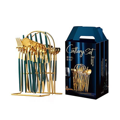 Premium 24-Piece Stainless Steel Flatware Set - Knife, Fork, Coffee Spoon in Elegant Green Gold | Luxury Silverware Cutlery Set with Storage Rack | Perfect for Fine Dining, Dinner Parties & Upscale Restaurant Tableware