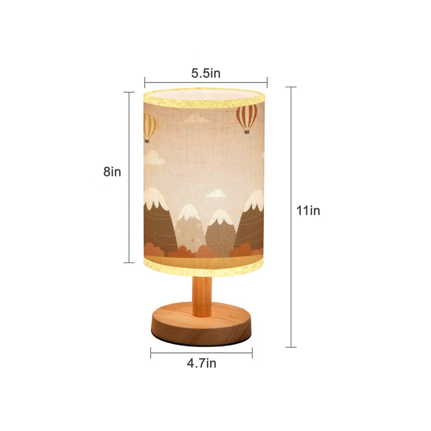 Minimalist Wooden Nightstand Lamp with Mountain Forest Cloud & Hot Air Balloon Design - Flaxen Fabric Shade for Bedroom, Living Room | Perfect for Reading, Relaxing & Home Decor