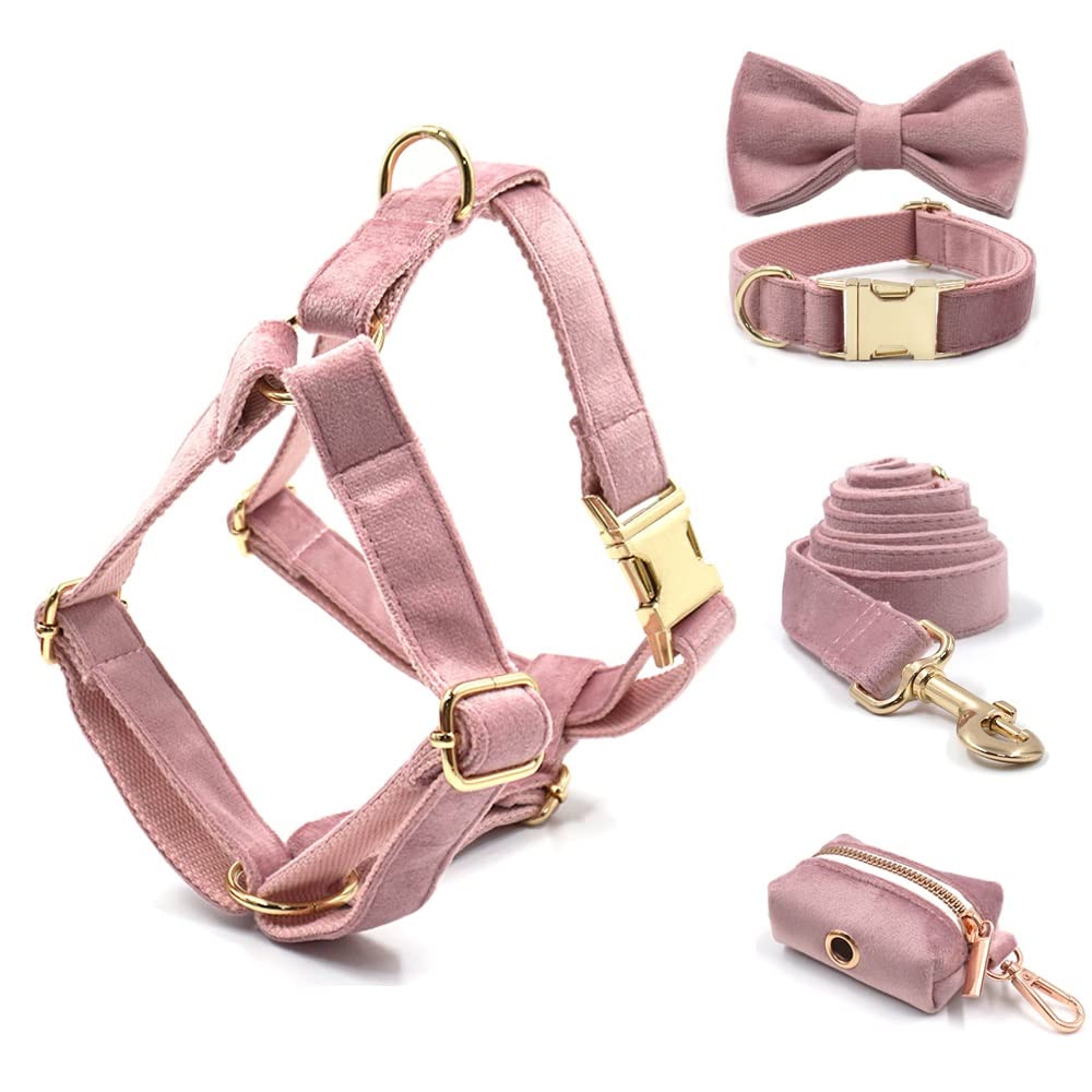 Cute Pink Dog Harness for Small Dogs with Removable Bowtie - 5-Piece Pet Accessory Set Including Collar, Leash & Poop Bags - Perfect for Walking, Training & Outdoor Adventures