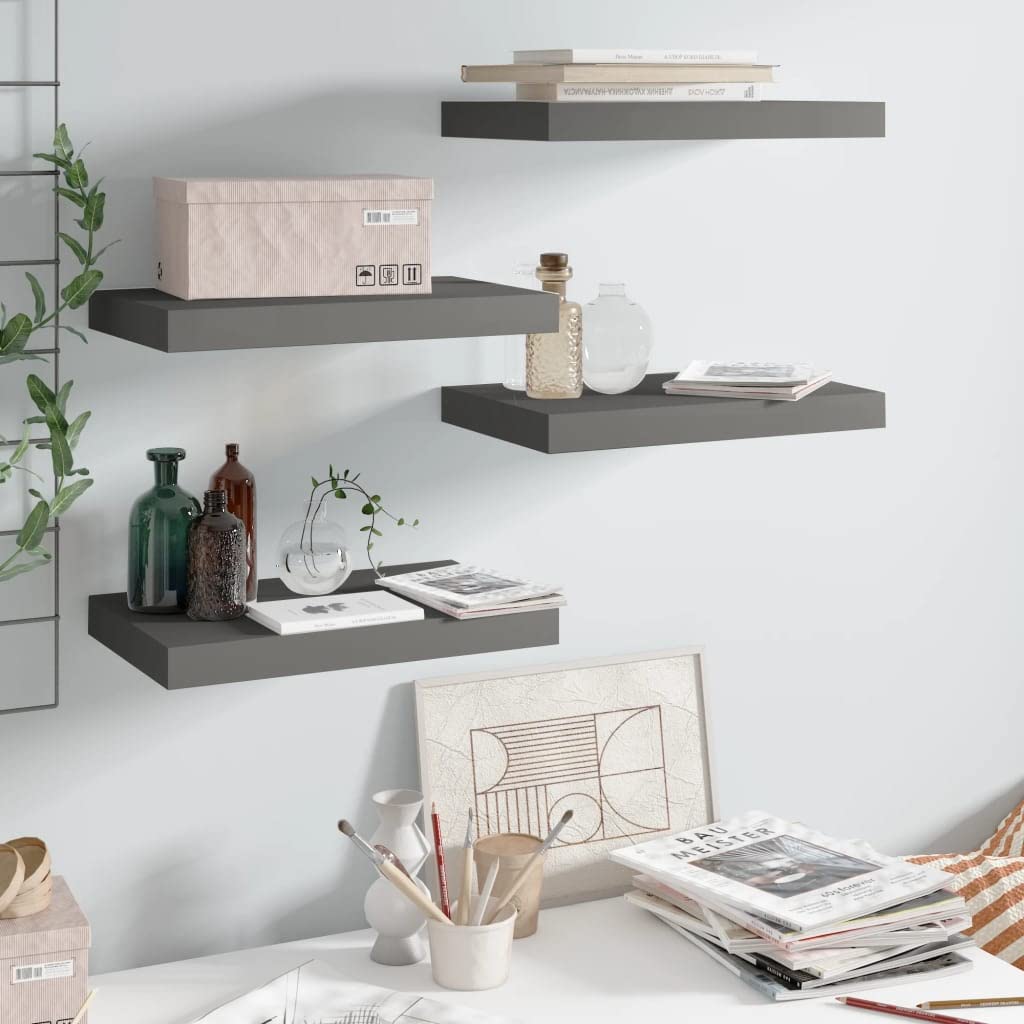 Floating Wall Shelves Set of 4 - Modern High Gloss Gray MDF Shelves 15.7x9.1x1.5 Inches - Space Saving Wall Mounted Shelves for Bedroom, Living Room, Bathroom, Kitchen - Home Decor & Organization Storage Solution
