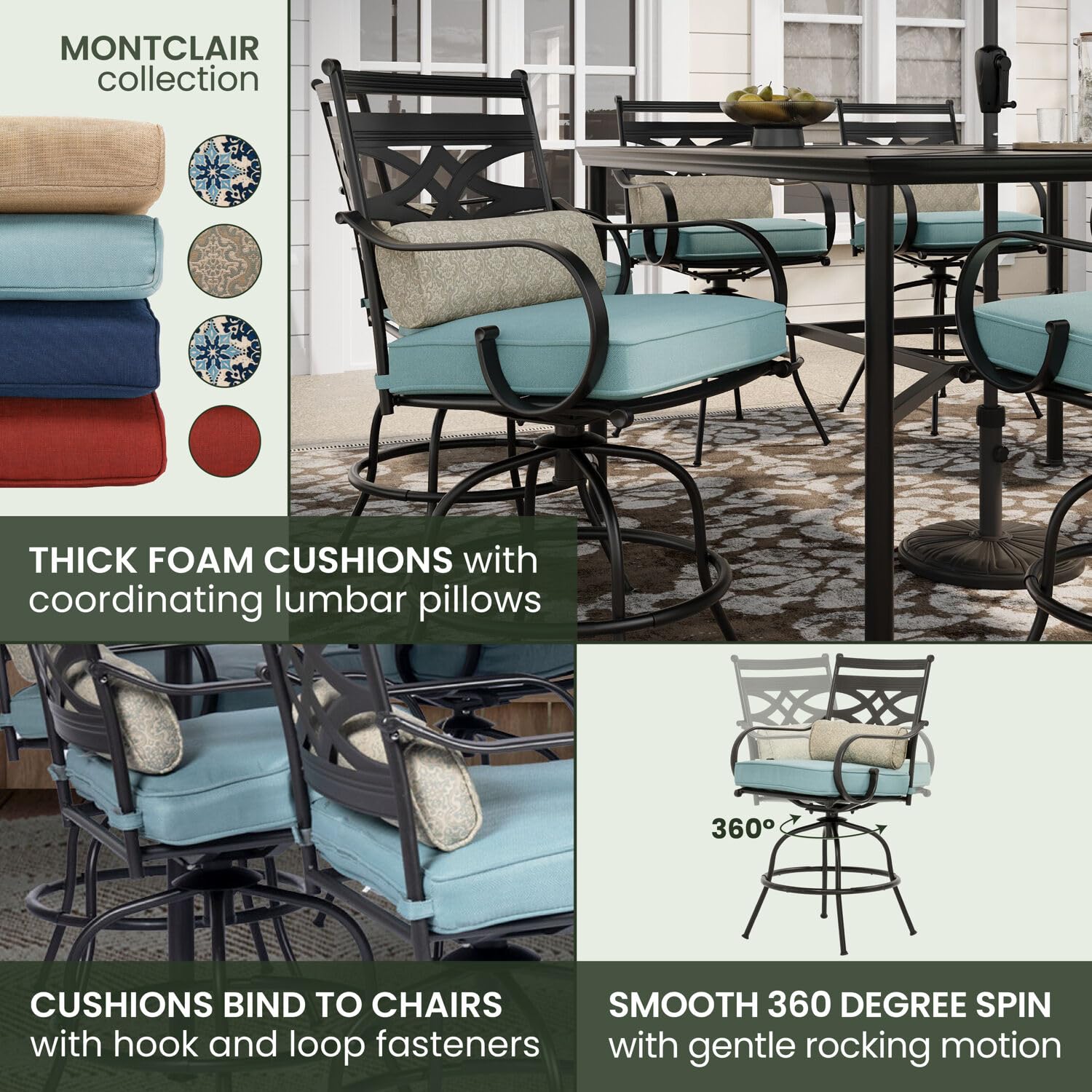 Hanover Montclair 9-Piece Outdoor Dining Set - 8 Swivel Bar Height Chairs with Thick Cushions & 60