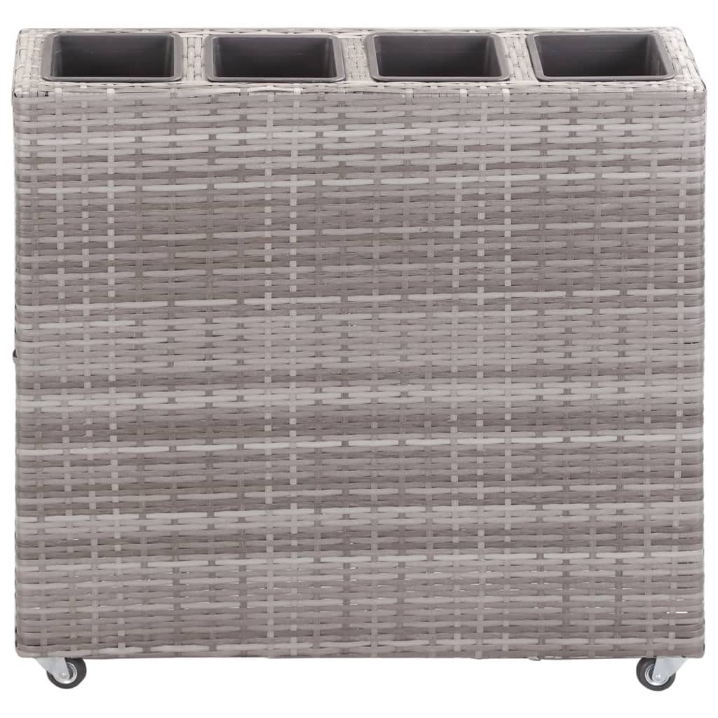 Outdoor Garden Raised Bed with 4 Plastic Pots - Gray Poly Rattan Weather-Resistant Planter with Wheels for Patio, Balcony & Backyard Decor