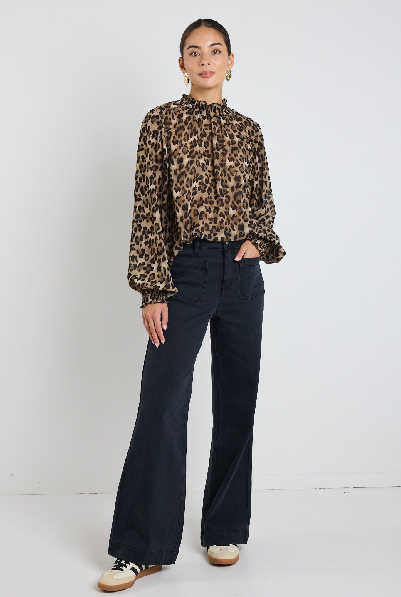 Elegant Leopard Print Georgette High Neck Long Sleeve Blouse for Women - Perfect for Office Wear, Date Nights & Special Occasions