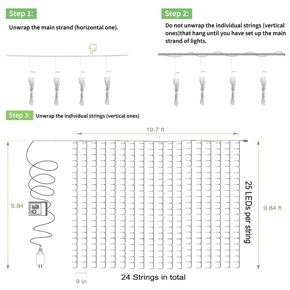 Solhice 600 LED Curtain Lights Outdoor 20ft x 10ft - Cool White String Lights for Wedding Backdrop, Bedroom Decor, Backyard Party & Indoor Holiday Lighting (Not Connectable) - Perfect for Christmas, Halloween, Garden and Home Decoration