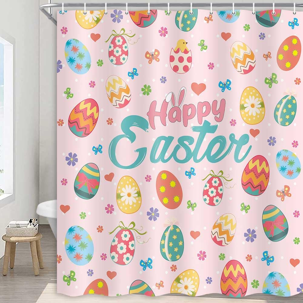 Easter Shower Curtain - Pink Floral Spring Bathroom Decor with Daisy & Egg Design, 71x71 Inch Washable Fabric Set with Hooks | Perfect for Easter Home Decor, Bathroom Refresh & Seasonal Party Decorations