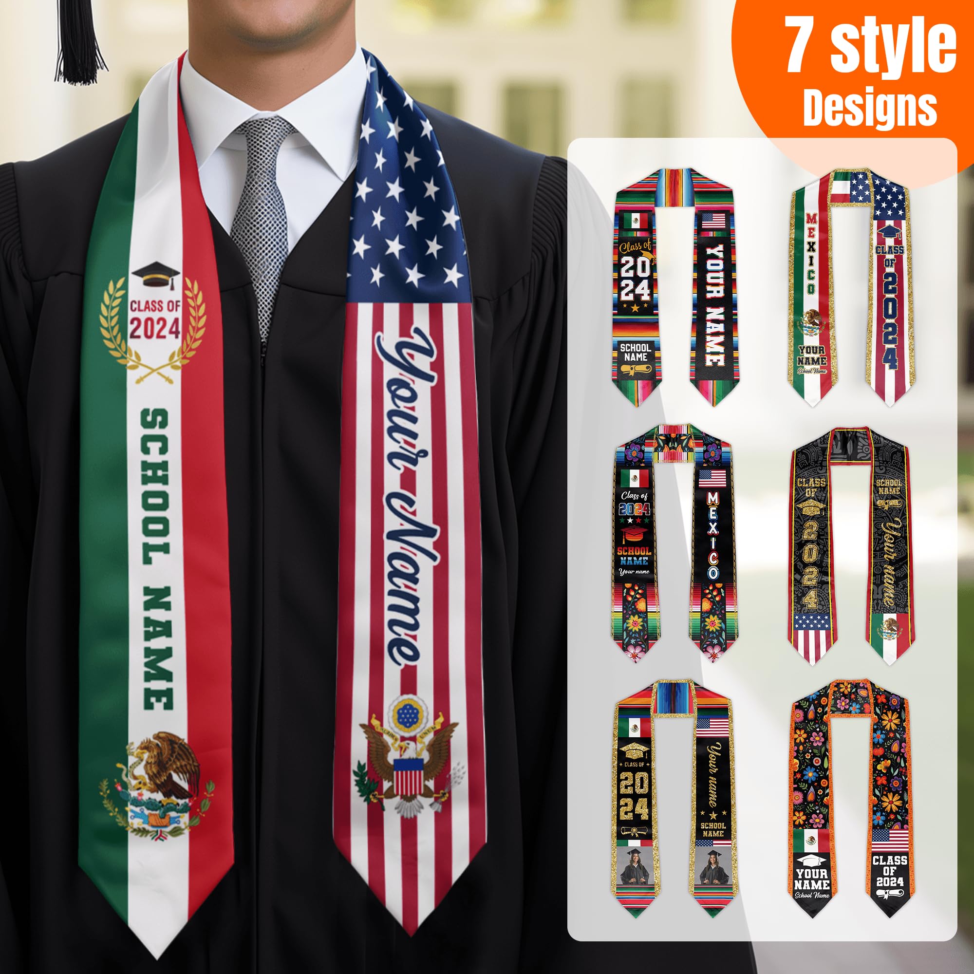 Custom Graduation Stole - Personalized Mexican American Flag Sash for Graduation Ceremony - Perfect for High School, College & University Graduates