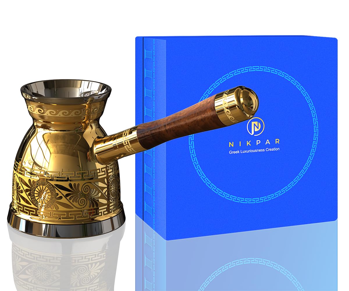 Premium NIKPAR Greek Coffee Pot - Turkish & Arabic Cezve Ibrik Briki with Detachable Handle - 21oz Large Stovetop Coffee Maker for Gas/Electric/Induction - Macedonian Collection in Luxury Gift Box - Perfect for Home Brewing, Gifts & Traditional Coffee Ceremonies
