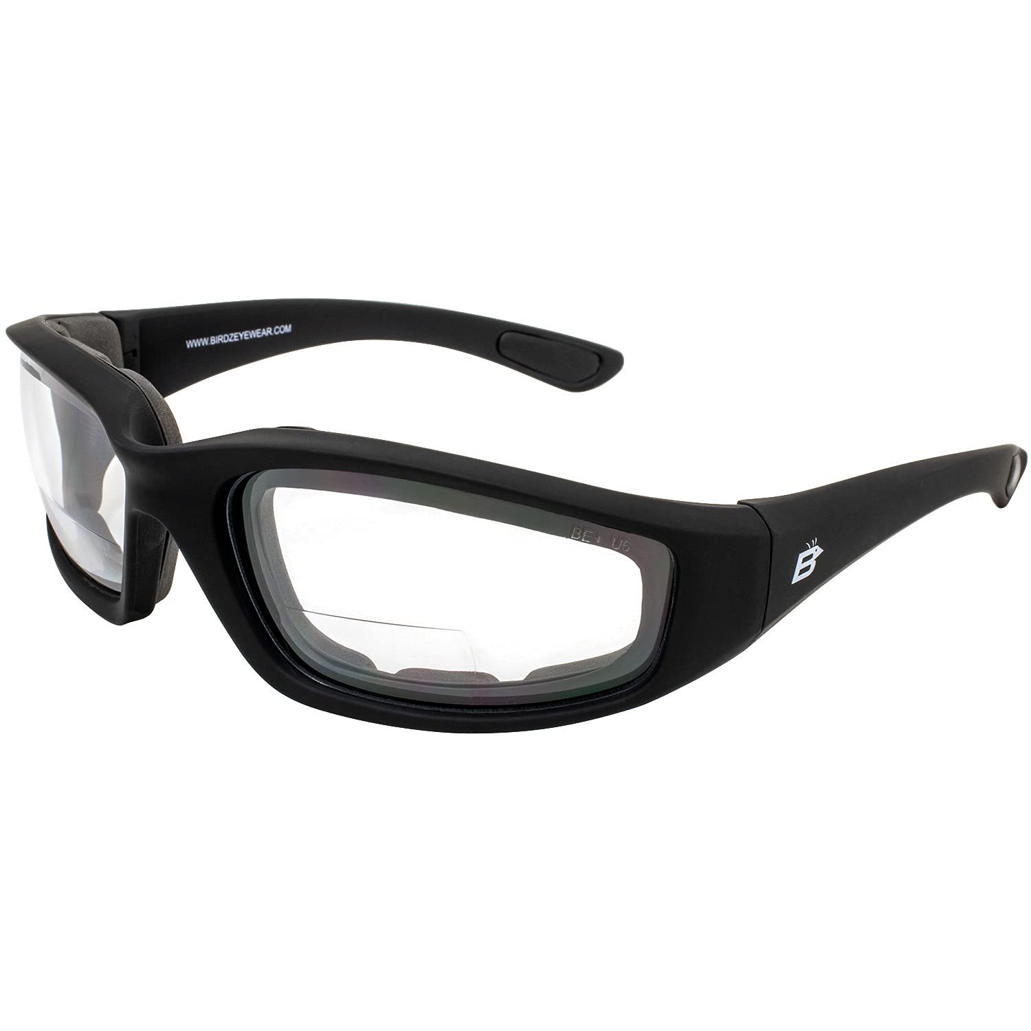 Birdz Eyewear Oriole Padded Safety Bifocal Motorcycle Glasses - Black Frame with Clear 1.5 Magnification Lenses & Carry Bag - Perfect for Riding, Cycling, and Outdoor Activities