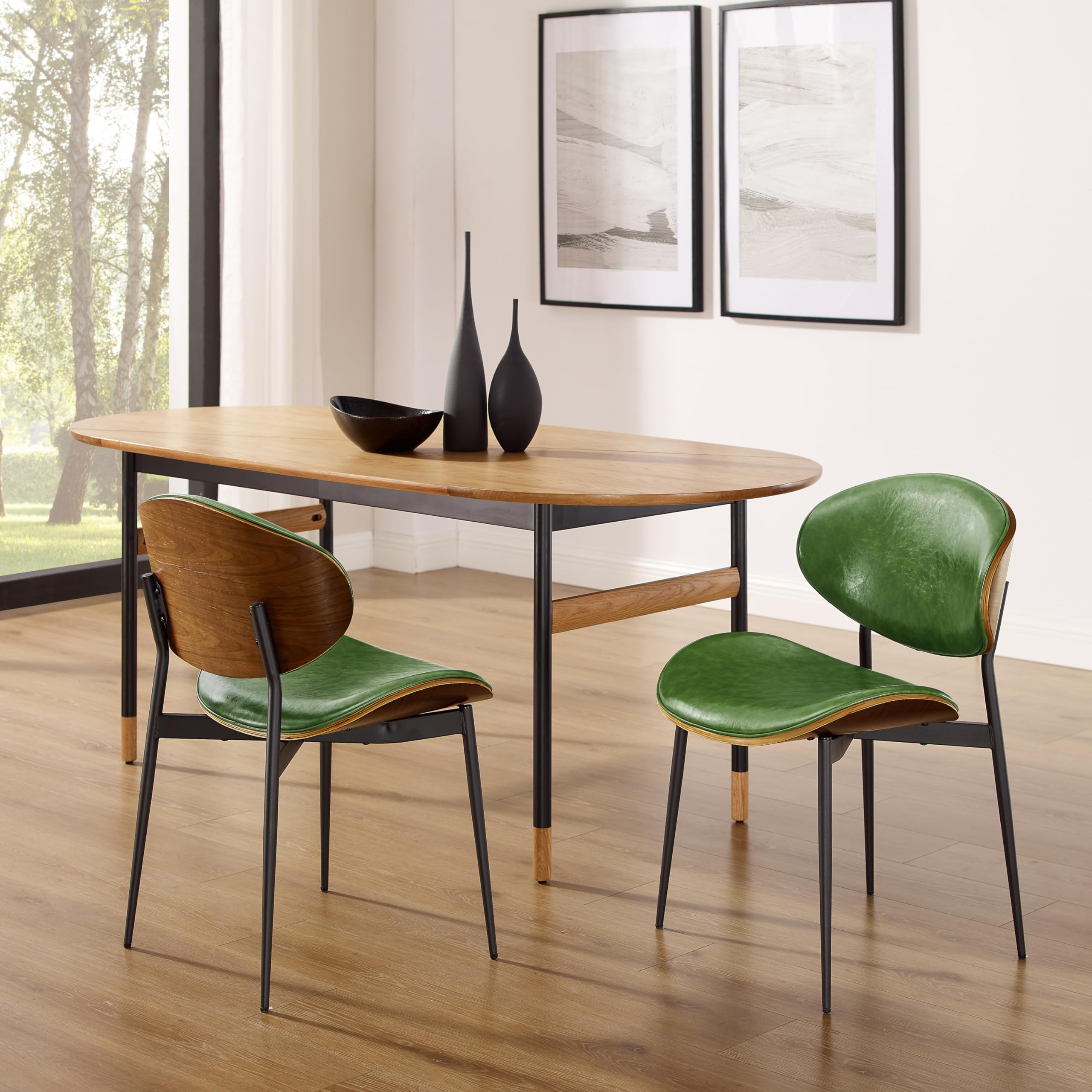 Art Leon Dining Chairs Set of 2 - Walnut Bentwood Mid Century Modern Kitchen & Dining Room Chairs - Green Faux Leather Upholstered Accent Chairs for Bedroom, Living Room & Office - Comfortable Seating for Home Decor