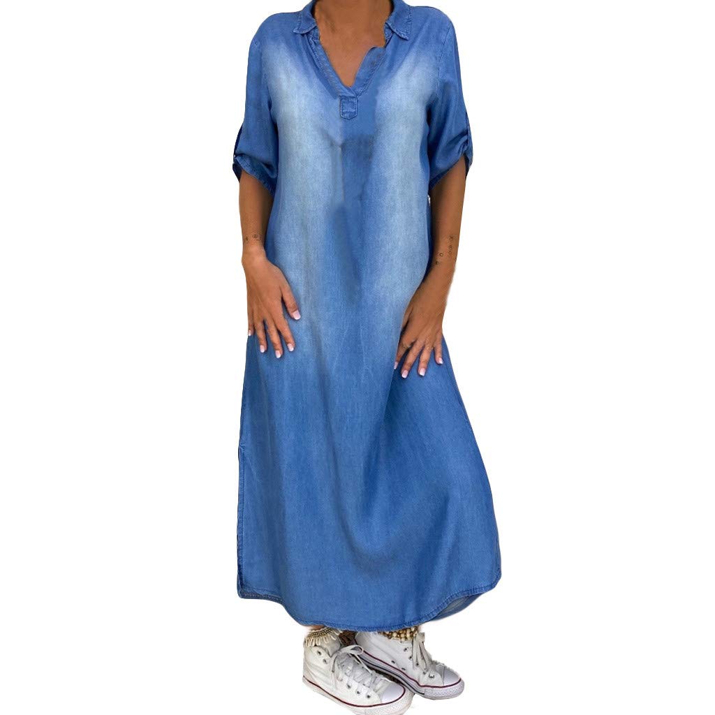Women's Denim-Look Lapel T-Shirt Dress - Half Sleeve Maxi Dress with Curved Hem & Side Slit | Casual Shirt Dress for Everyday Wear, Date Nights & Summer Outings