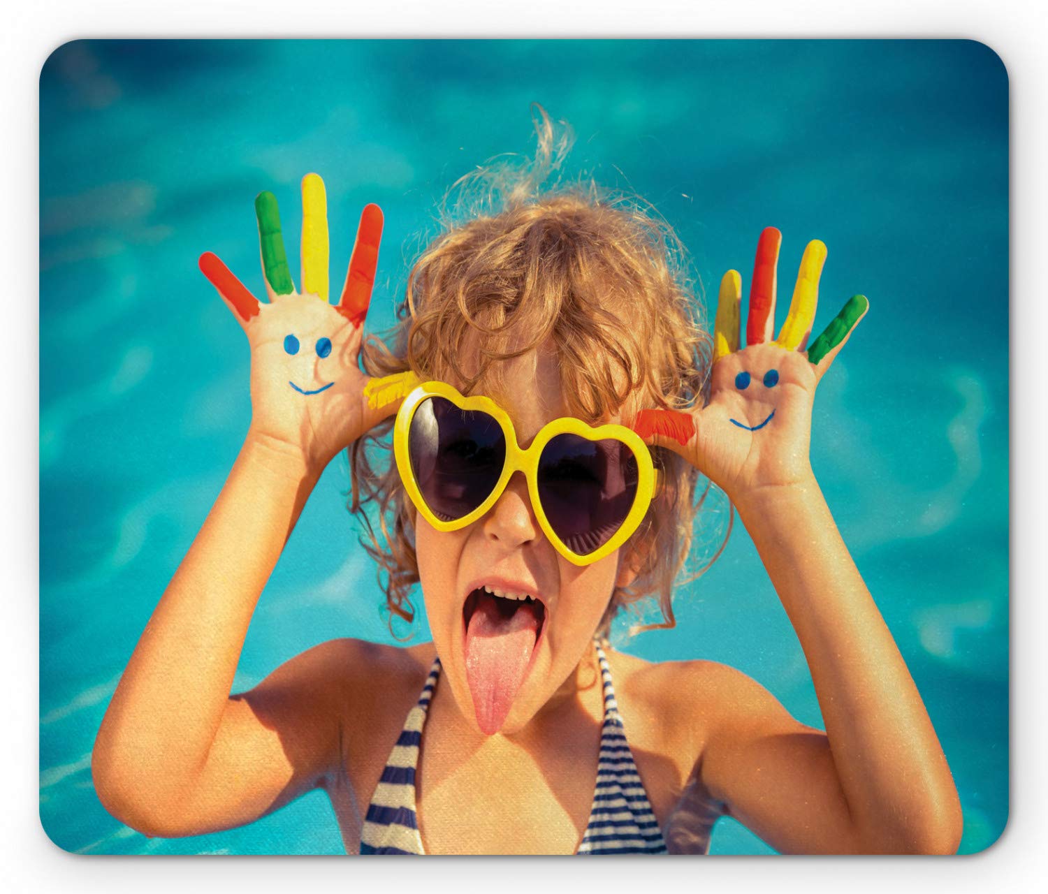 Ambesonne Funny Summer Vacation Mouse Pad - Non-Slip Rubber Mousepad with Playful Boy Drawing Smile in Pool Design, Standard Size Rectangle Mouse Mat for Office, Gaming & Computer Workstation
