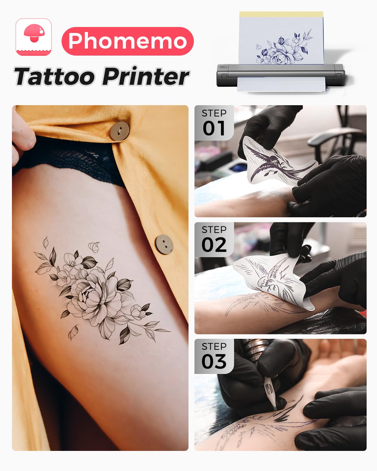 Phomemo Bluetooth Tattoo Stencil Printer - Wireless Thermal Tattoo Transfer Machine for Professional Artists & Beginners | Compatible with iPhone, Android & PC | Includes Storage Case & 10 Free Transfer Papers (Grey) | Perfect for Tattoo Studios, Home Use & Mobile Artists