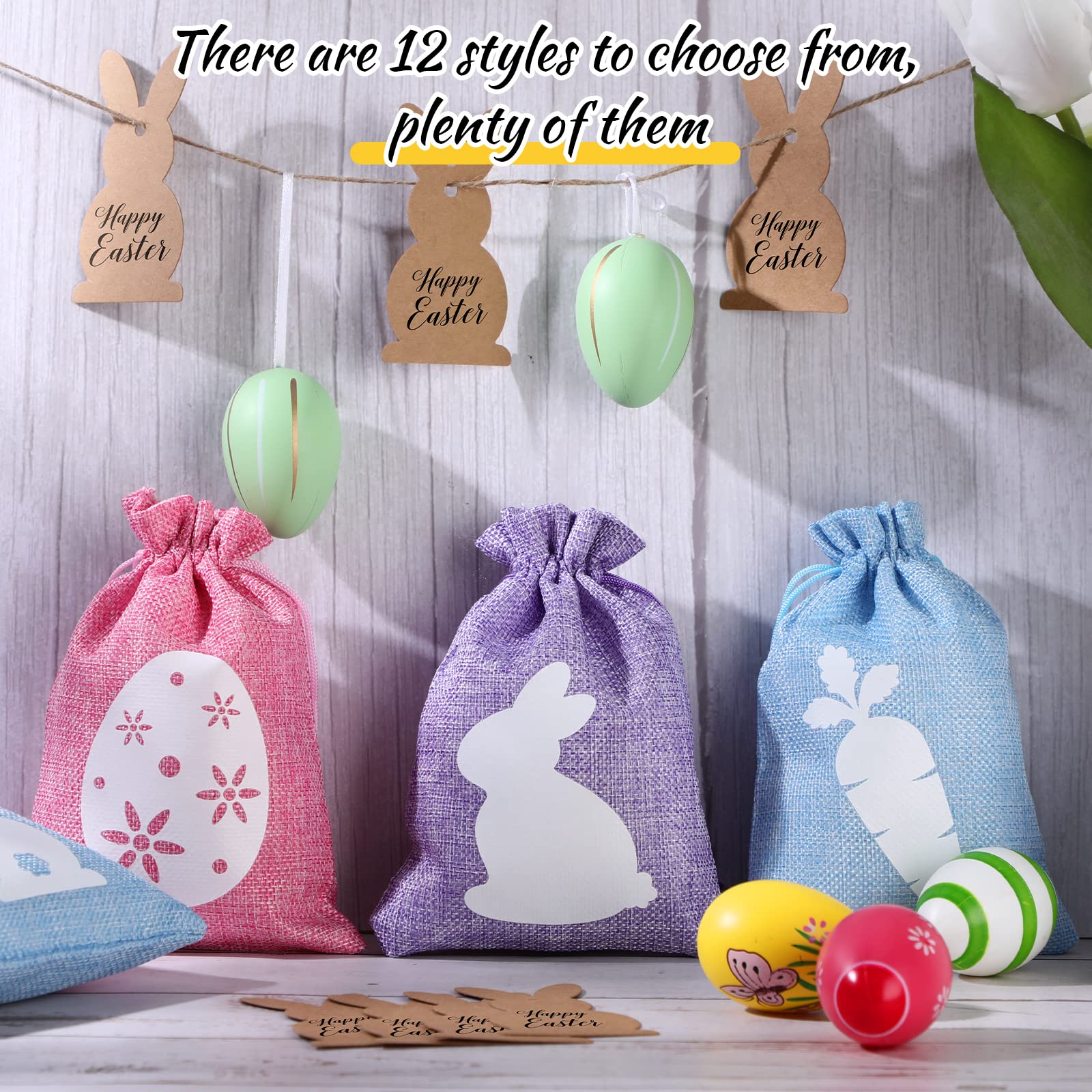 Shappy 24 Pcs Easter Burlap Drawstring Gift Bags - Bunny Linen Goody Bags with Double Jute Drawstrings for Easter Egg Hunt, Party Favors & Spring Decorations (Bright Style)