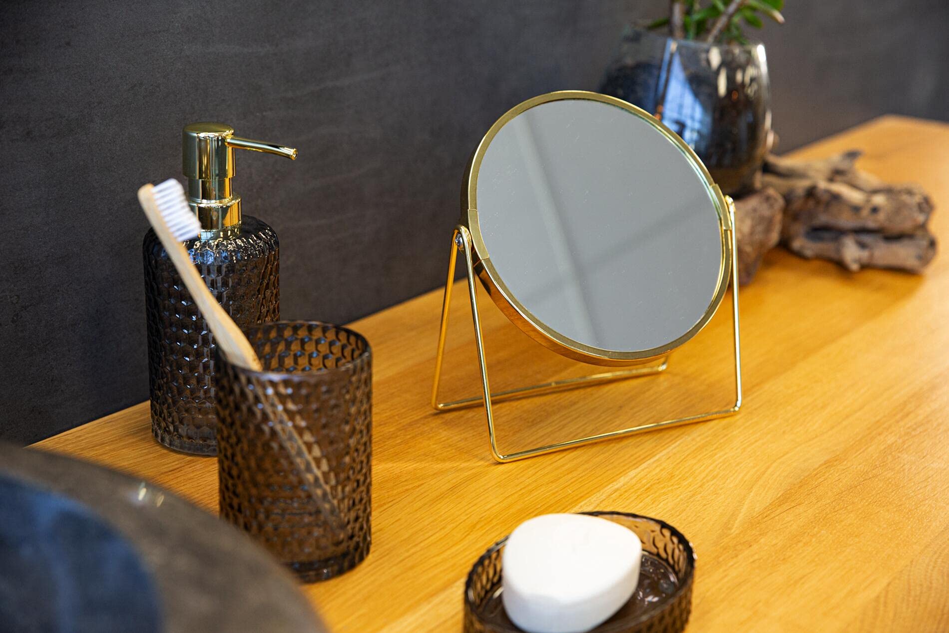 RIDDER Gold 5X Magnified Makeup Mirror - Adjustable Standing Cosmetic Mirror with LED Lights for Vanity, Dressing Table & Travel | Modern Beauty Essential for Home & Professional Use