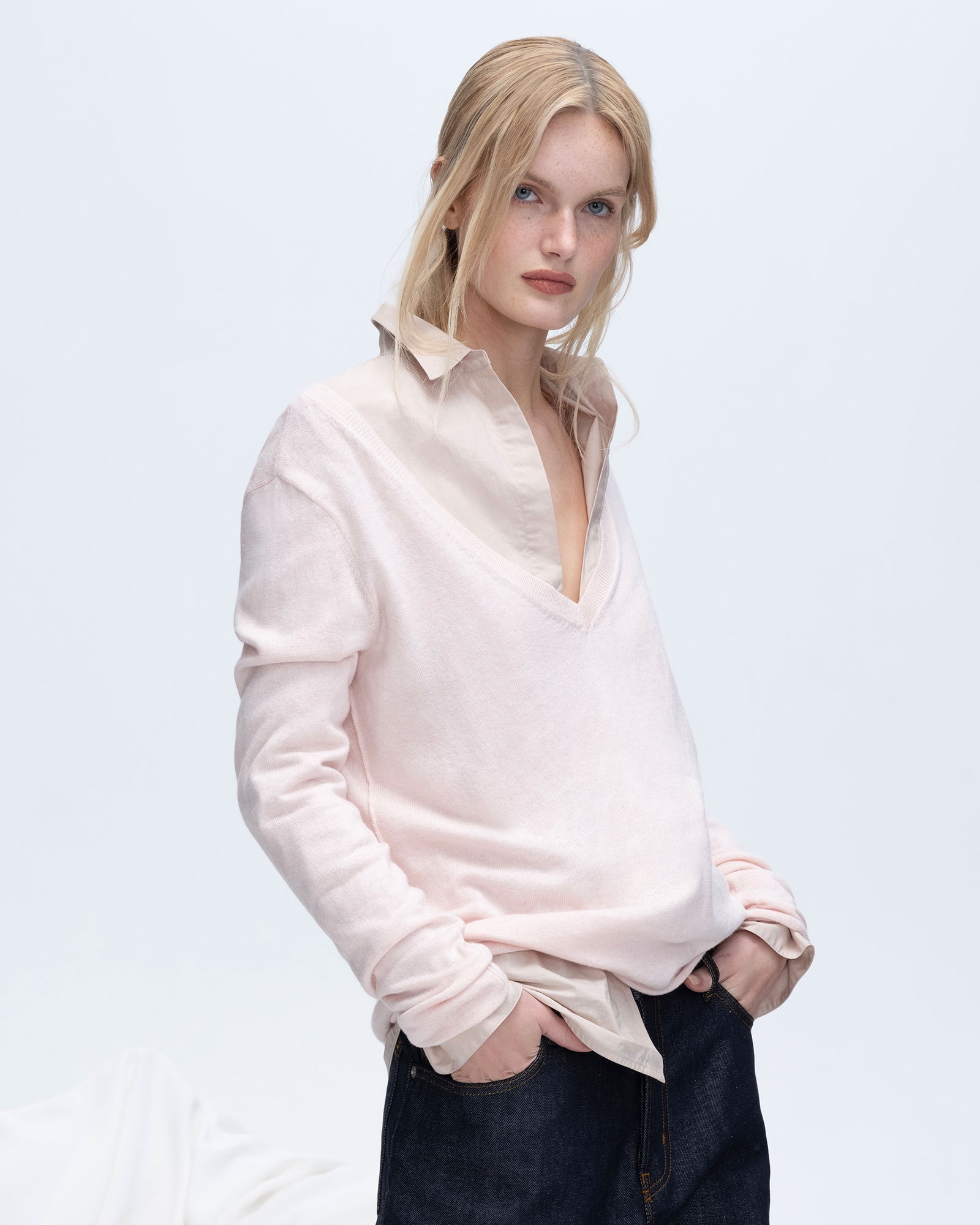 Soft Cotton Cashmere V-Neck Sweater for Women - Pink Camellia | Cozy Winter Pullover for Office & Casual Wear