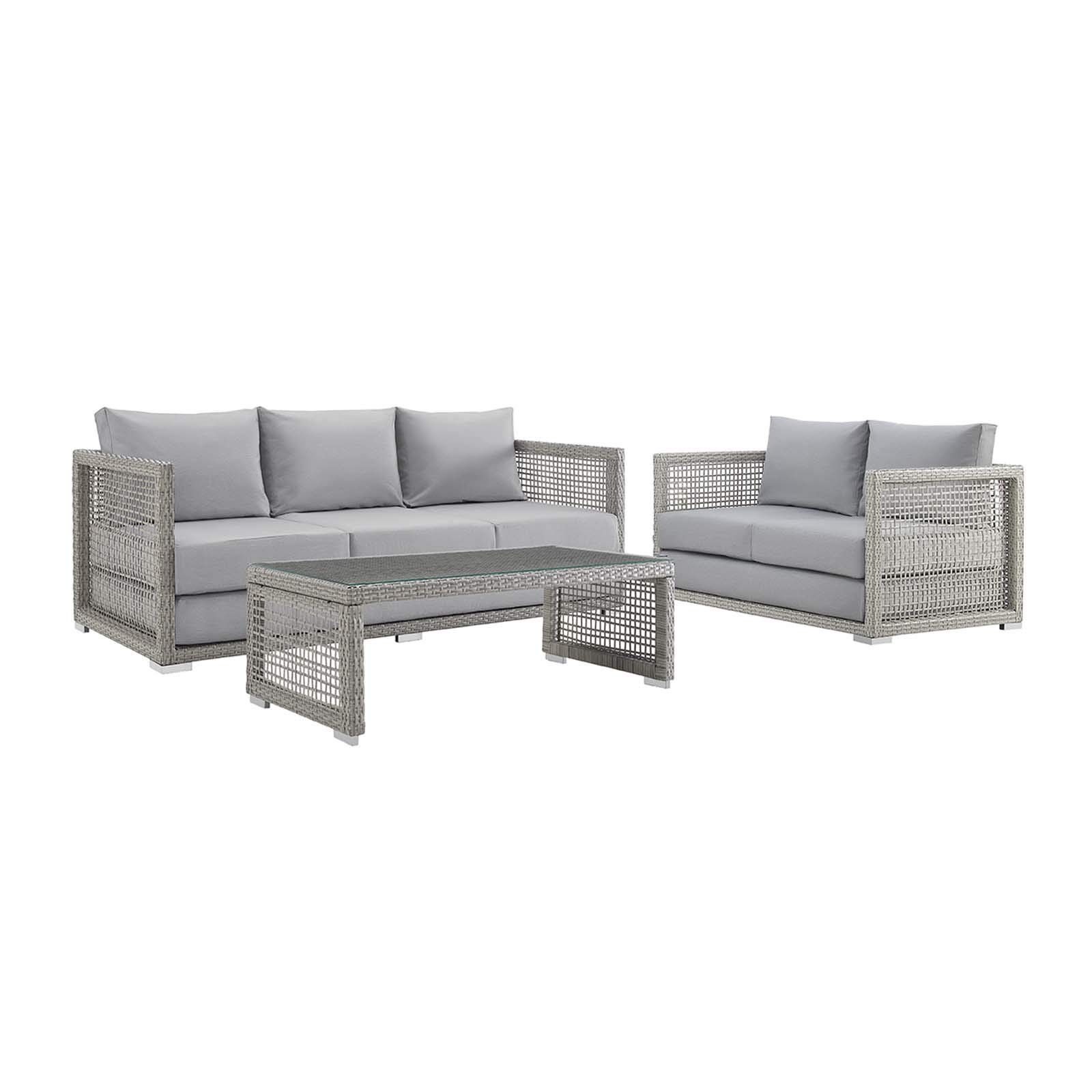 Modern Outdoor Patio Lounge Sofa Set with Chair & Coffee Table - Rattan Wicker Fabric in Grey - Perfect for Backyard, Garden, and Poolside Relaxation