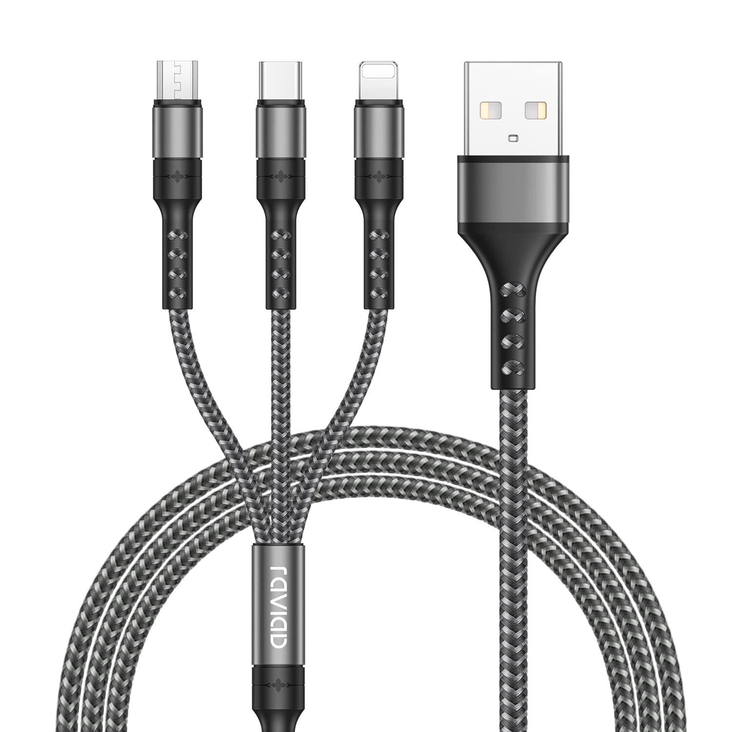 RAVIAD 3-in-1 Multi USB Charging Cable [4ft/1.2M] - Nylon Braided Universal Cable with Micro USB, Type C & Lightning Connectors for iPhone 15/14/13, Samsung Galaxy S23/S22, Huawei, Honor, OnePlus - Perfect for Home, Office & Travel Charging - Grey