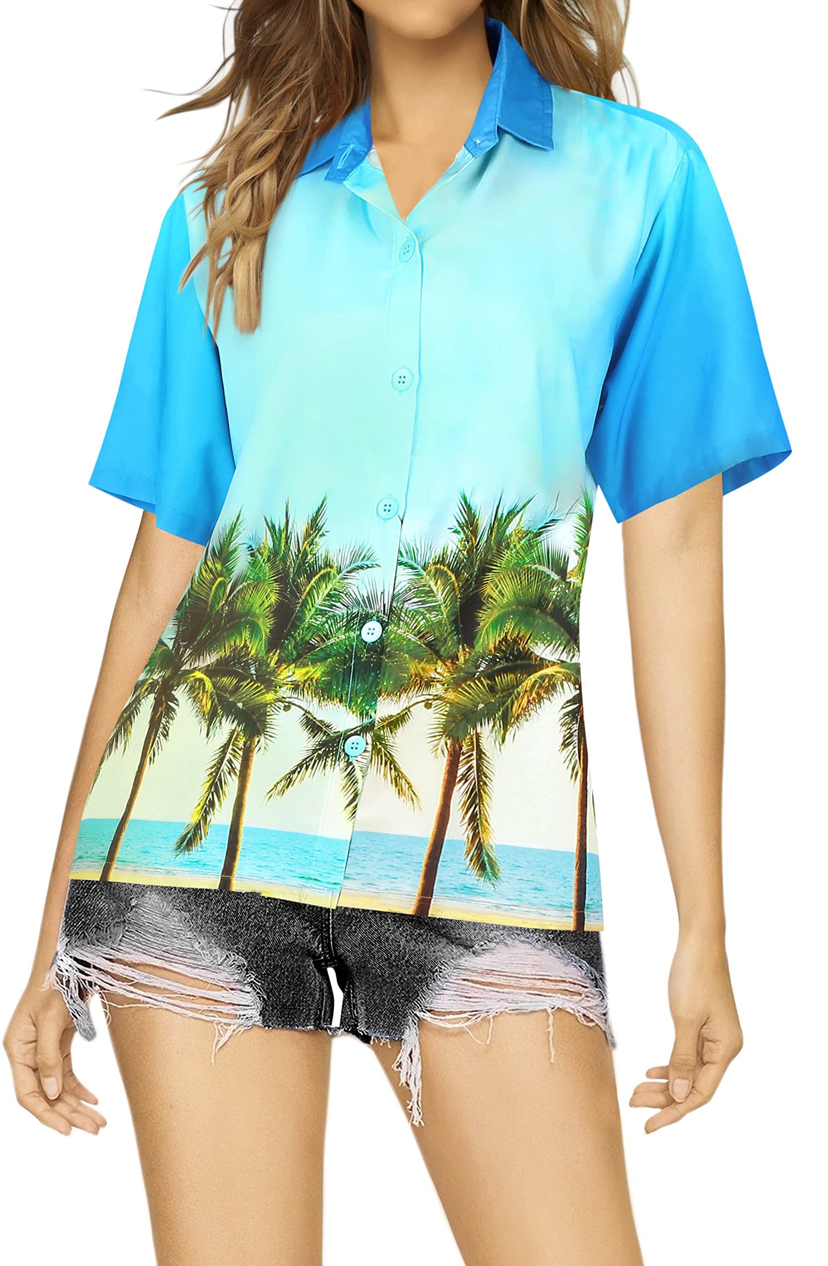 Happy Bay Women's Short Sleeve Hawaiian Shirt - Tropical Floral Print Beach Blouse for Summer Vacation, Pool Party & Casual Outfit