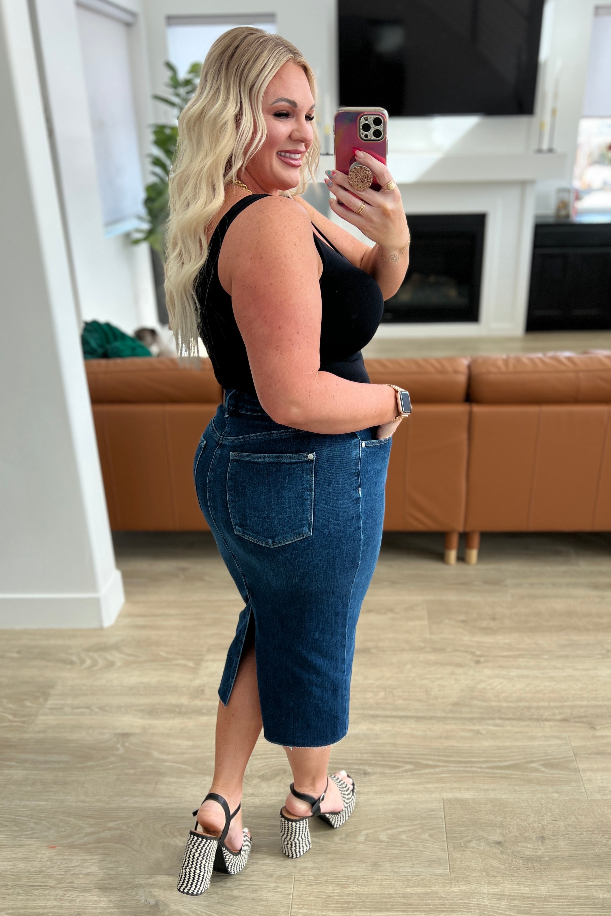 Marcy High Rise Denim Midi Skirt for Women - Stretchy Comfort Fit A-Line Denim Skirt | Perfect for Casual Outfits, Office Wear & Date Nights