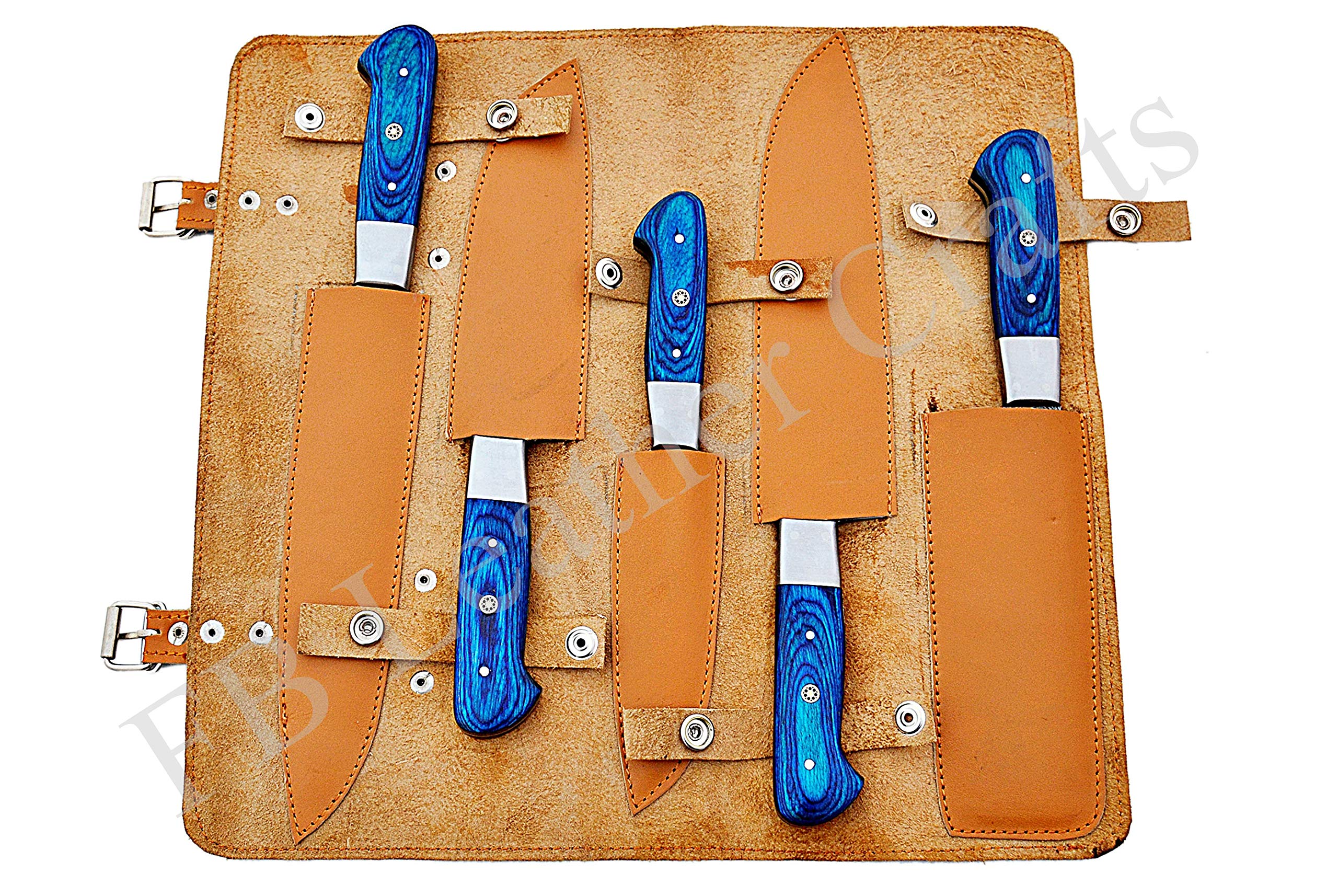 Premium Damascus Steel Chef Knife Set - 5-Piece Handcrafted BBQ Knives with Leather Roll Case - Professional Kitchen Cutlery for Cooking, Slicing & Grilling - Ideal for Home Chefs & Outdoor BBQ (Blue Wood)