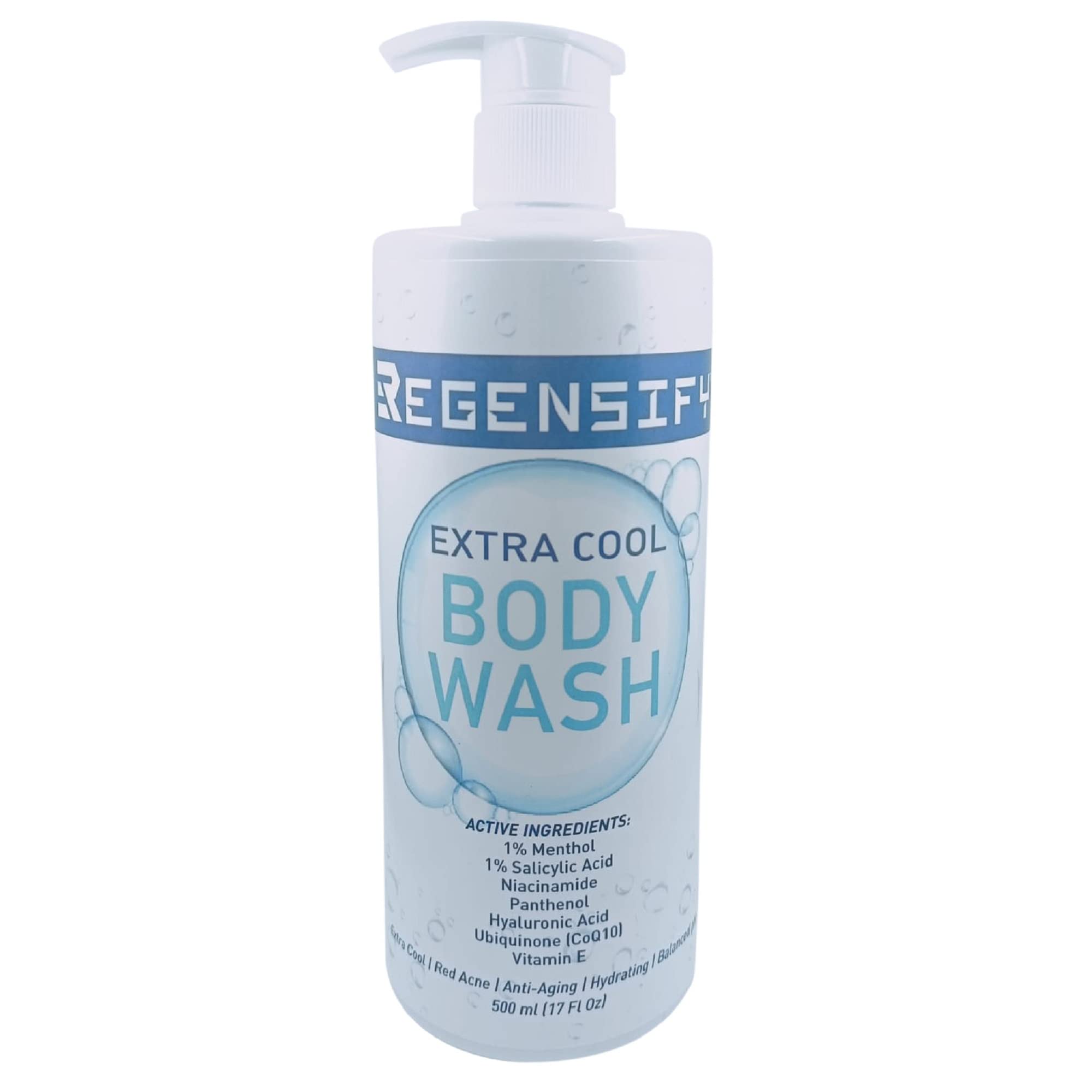 REGENSIFY Red Acne Extra Cool Body Wash 500ml (17 Fl Oz) with 1% Menthol & 1% Salicylic Acid - Niacinamide, Panthenol, Hyaluronic Acid for Anti-Aging & Hydration - Icy Shower Gel for Men & Women - Perfect for Post-Workout, Summer Cooling & Sensitive Skin Care