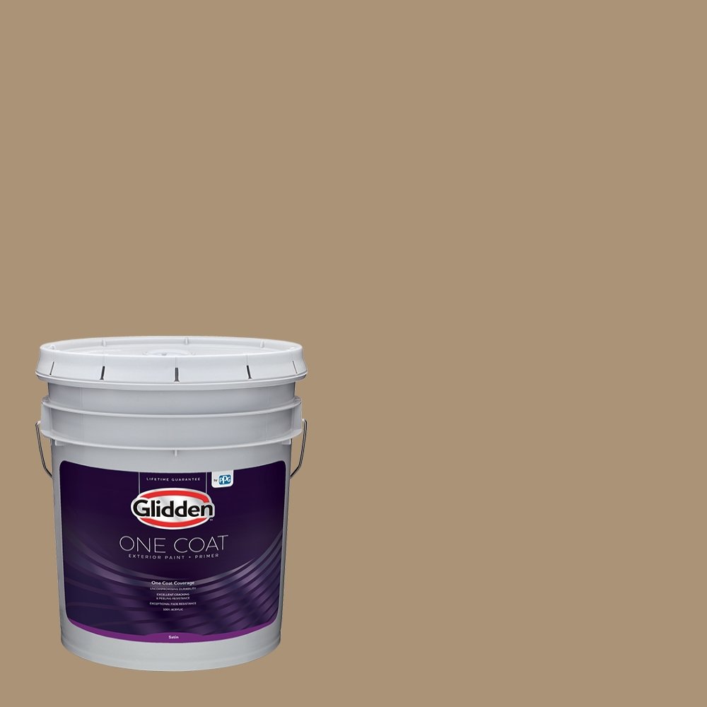 Glidden Exterior Paint and Primer in One - Brown/Sauteed Mushroom, Satin Finish, 5-Gallon Bucket, One Coat Coverage for Home Exterior, Fence, and Siding Projects