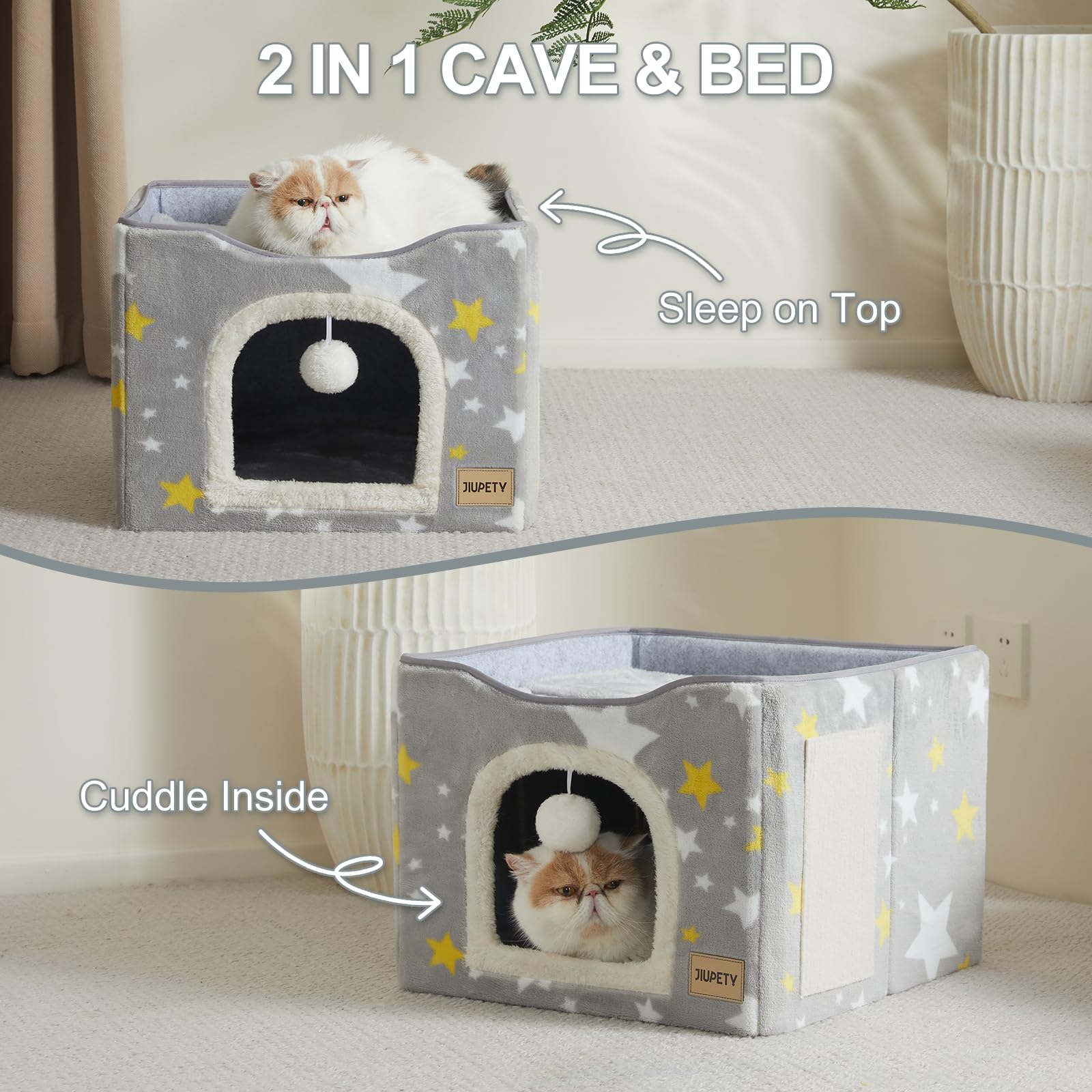Jiupety Large Cat Bed for 2 Cats - Foldable Cat Cave Cube with Scratch Pad & Toy Ball - 17in Grey Indoor Cat House for Hideaway, Play & Sleep - Perfect for Kittens & Adult Cats in Living Rooms or Bedrooms