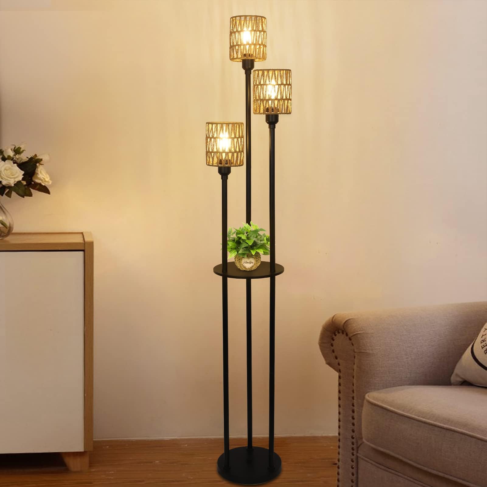 Boho 3-Light Rattan Floor Lamp with Shelves & Table - Rustic Farmhouse Standing Lamp with ON/Off Foot Switch & Rattan Shades - Tall Corner Lamp for Living Room, Bedroom, Office - Perfect for Reading Nook, Cozy Spaces & Farmhouse Decor