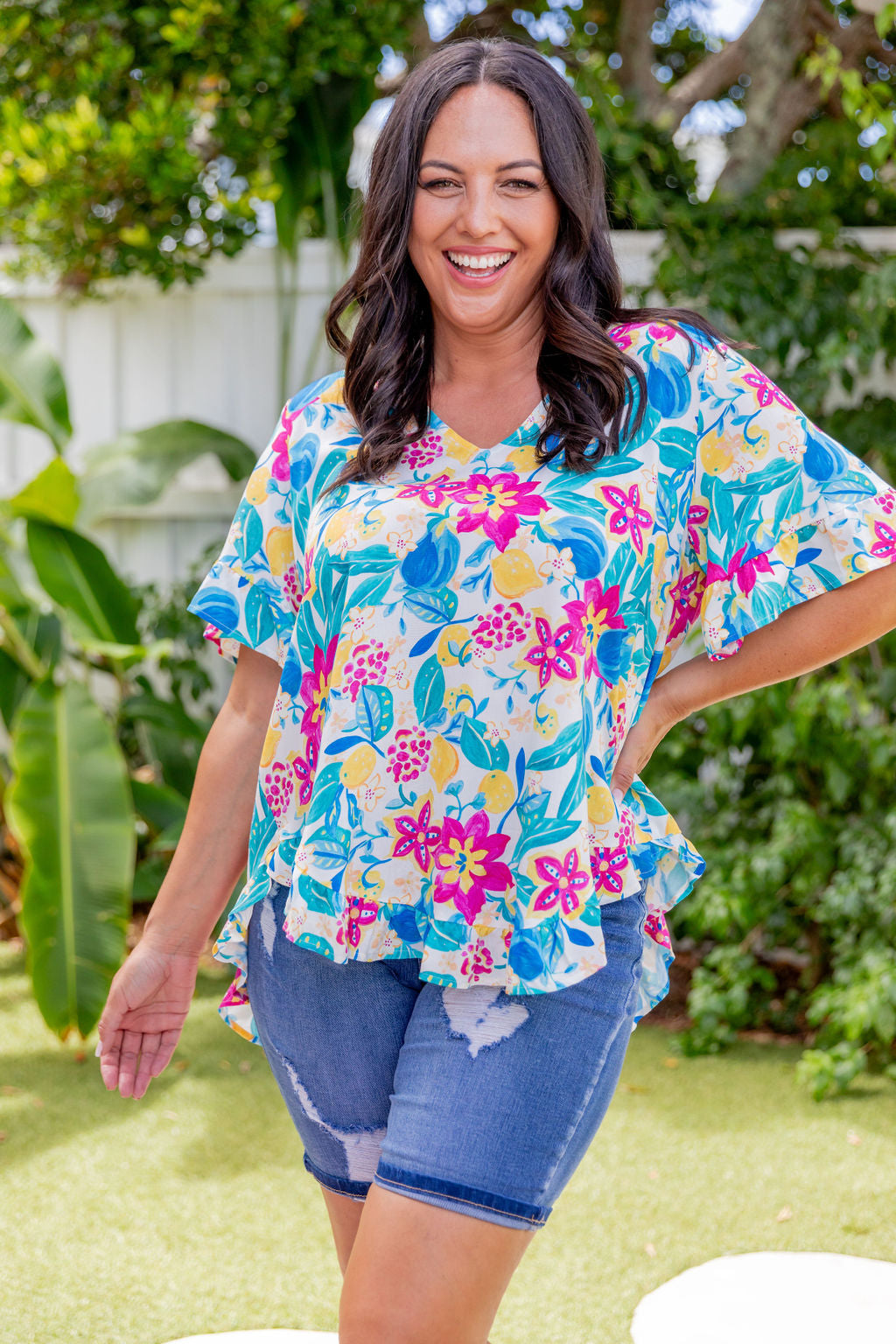 Lemon Garden Natalie Top - Women's Floral Print Blouse for Casual Wear & Summer Outfits