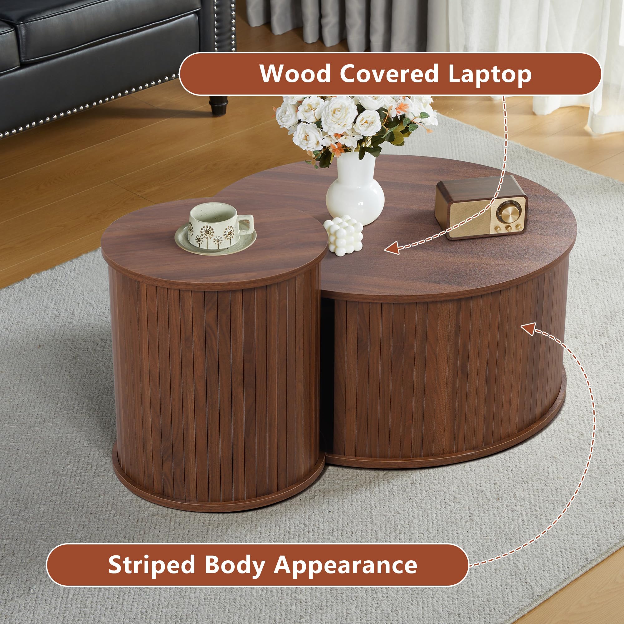 Round Wooden Nesting Coffee Table Set of 2 - Walnut Finish Circle Side Tables for Living Room, Office & Balcony | Perfect for Small Spaces, Home Decor & Coffee Time