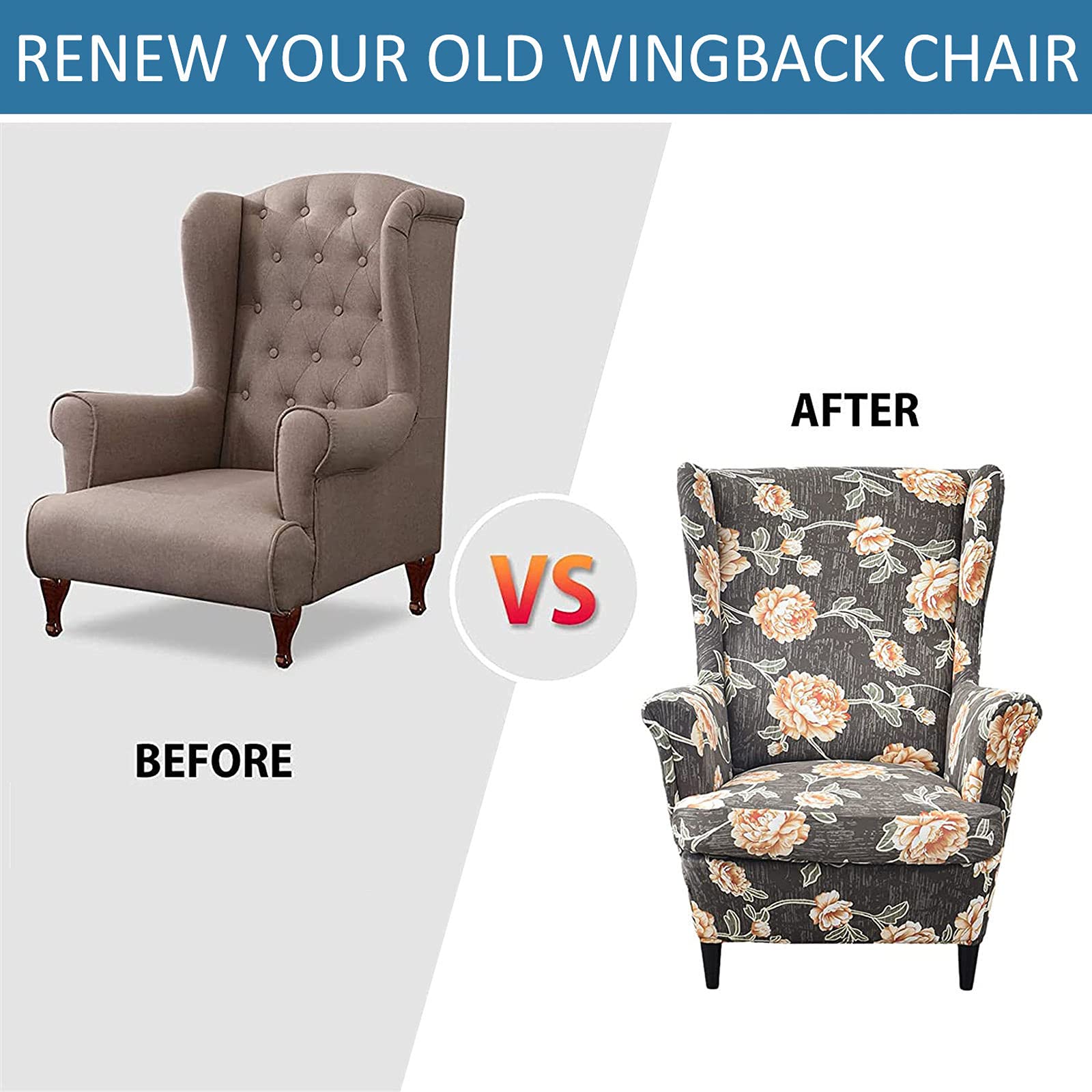 Printed Stretch Wing Chair Slipcover - 2 Piece Wingback Chair Cover Set, Soft Spandex Armchair Slipcovers, Removable & Washable Furniture Protector for Living Room, Bedroom, Office - Perfect for Home Decor Refresh & Pet Protection
