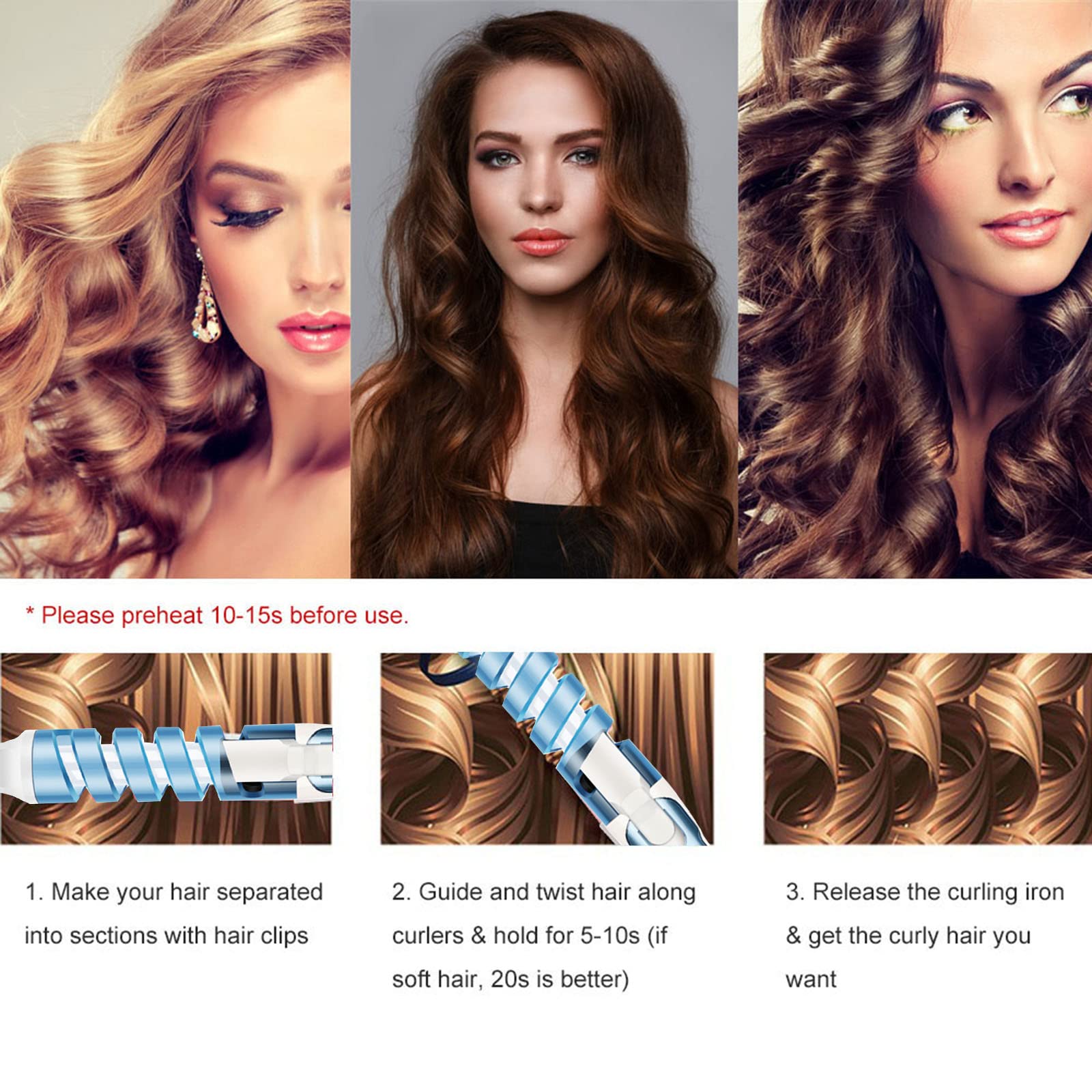 Professional Hair Curling Iron - Ceramic Curling Wand with Spiral Barrel for Wavy & Curly Hair Styles - Portable Hair Styling Tool for Home & Travel Use
