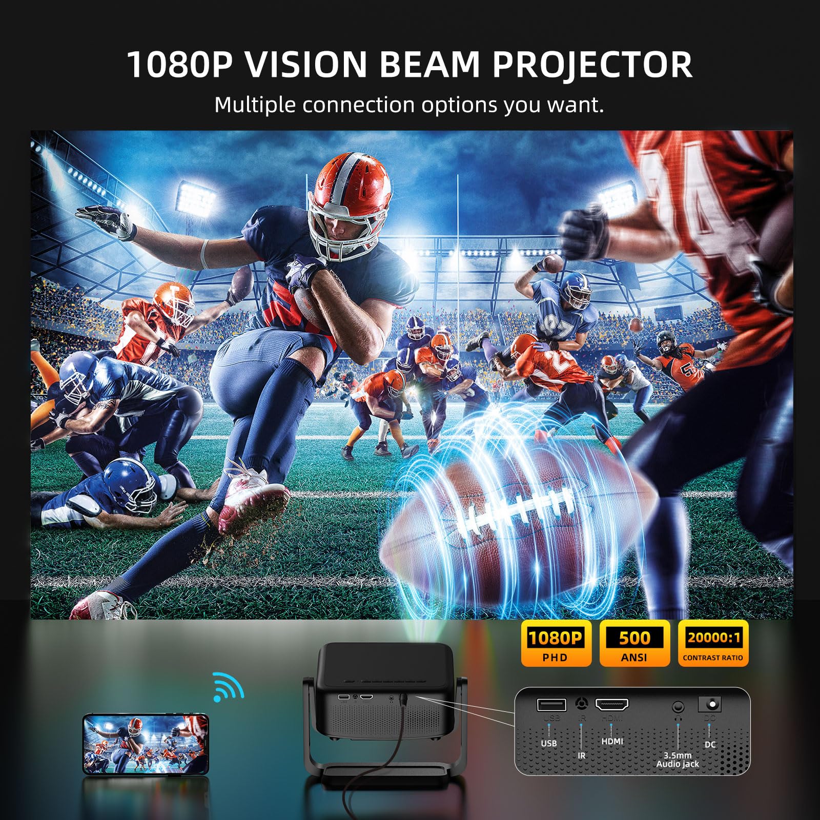 ONOAYO AY3 1080P Mini Projector with WiFi & Bluetooth - 500 ANSI Lumens, Auto Keystone & Electric Focus, 360° Adjustable Stand - Portable Home Theater Projector for Movies, Gaming & Outdoor Entertainment