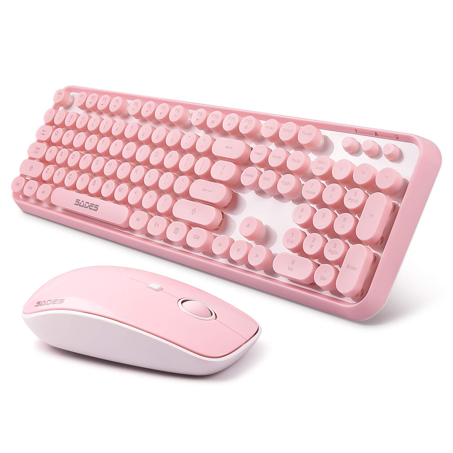 V2020 Pink Wireless Keyboard and Mouse Combo with Round Keycaps, 2.4GHz Stable Connection, Long Battery Life - Cute Wireless Keyboard Set for PC, Laptop, Mac (Pink) - Perfect for Home Office, Gaming, and Typing