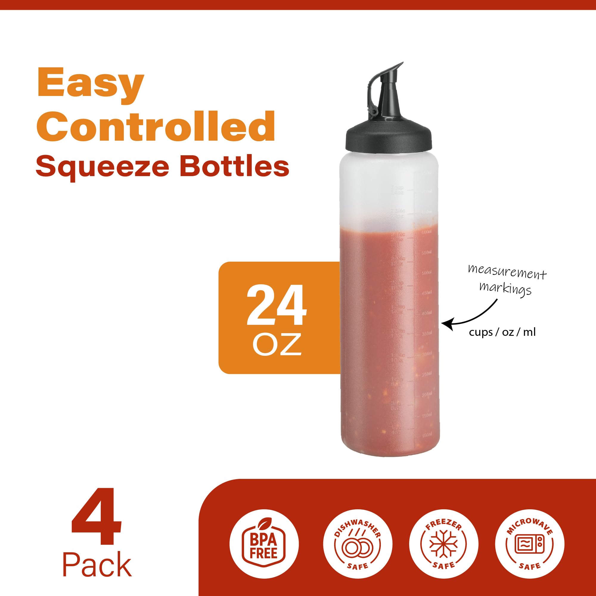4 Pack 24 Oz Condiment Squeeze Bottles - Leak Proof Snap Cap, Clear Plastic Sauce Dispenser Bottles for Ketchup, Mustard, BBQ, Salad Dressing | Perfect for Restaurants, Home Kitchen & Outdoor BBQ Parties