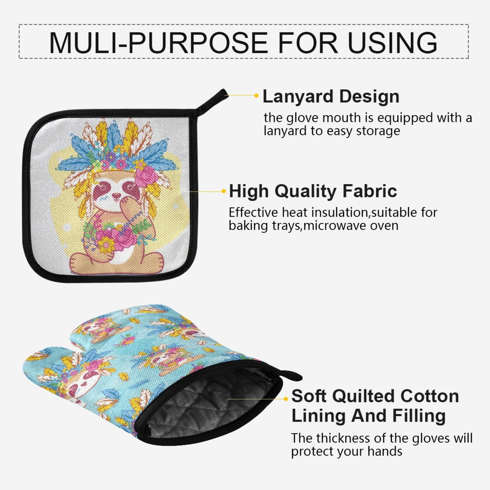 Boho Tribal Sloth Oven Mitts & Pot Holders Set - 2pcs Heat Resistant Non-Slip Kitchen Gloves for Women with Feather Flower Design - Perfect for Cooking, Baking, BBQ & Mother's Day Gifts
