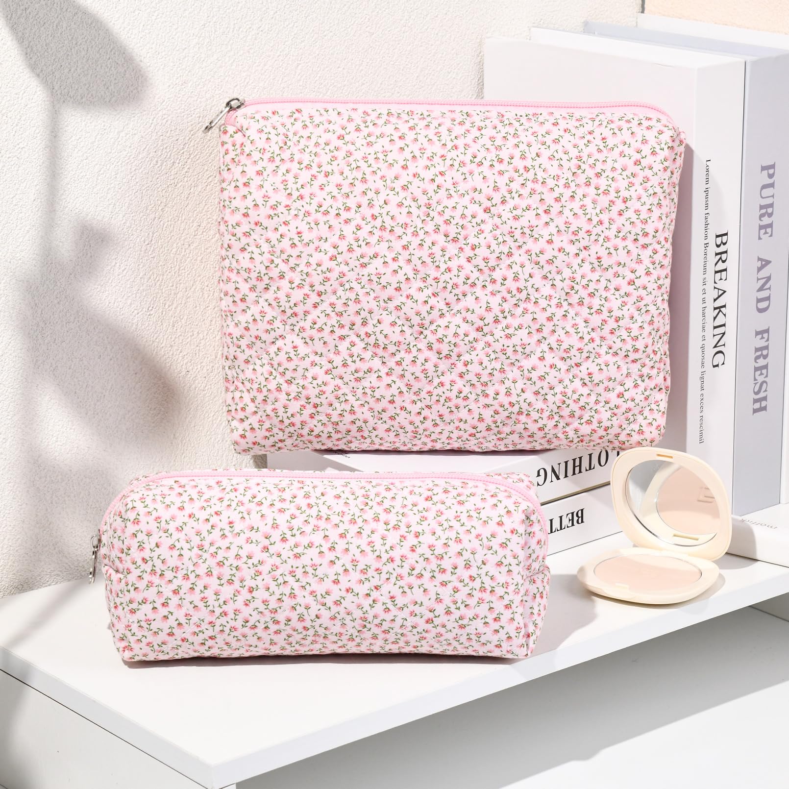 SOIDRAM 2 Pack Floral Quilted Makeup Bag - Large Cotton Cosmetic Pouch for Women & Girls, Aesthetic Cute Toiletry Travel Organizer | Perfect for Glossier Storage, Vacation Essentials & Gift Giving