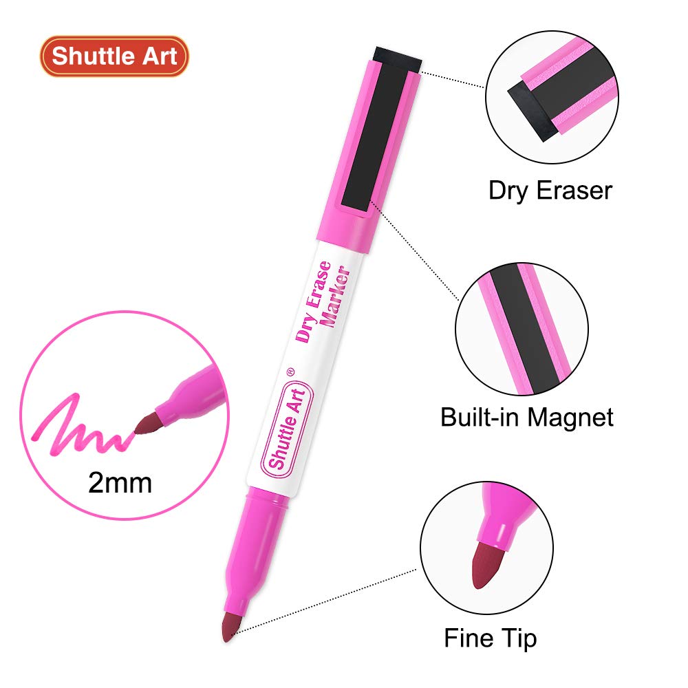 Shuttle Art Magnetic Whiteboard Markers Set of 20 - Fine Tip Dry Erase Markers with Eraser for Whiteboard, Glass & Planner - Perfect for School, Office & Home Use - Ideal for Teaching, Presentations & Organization