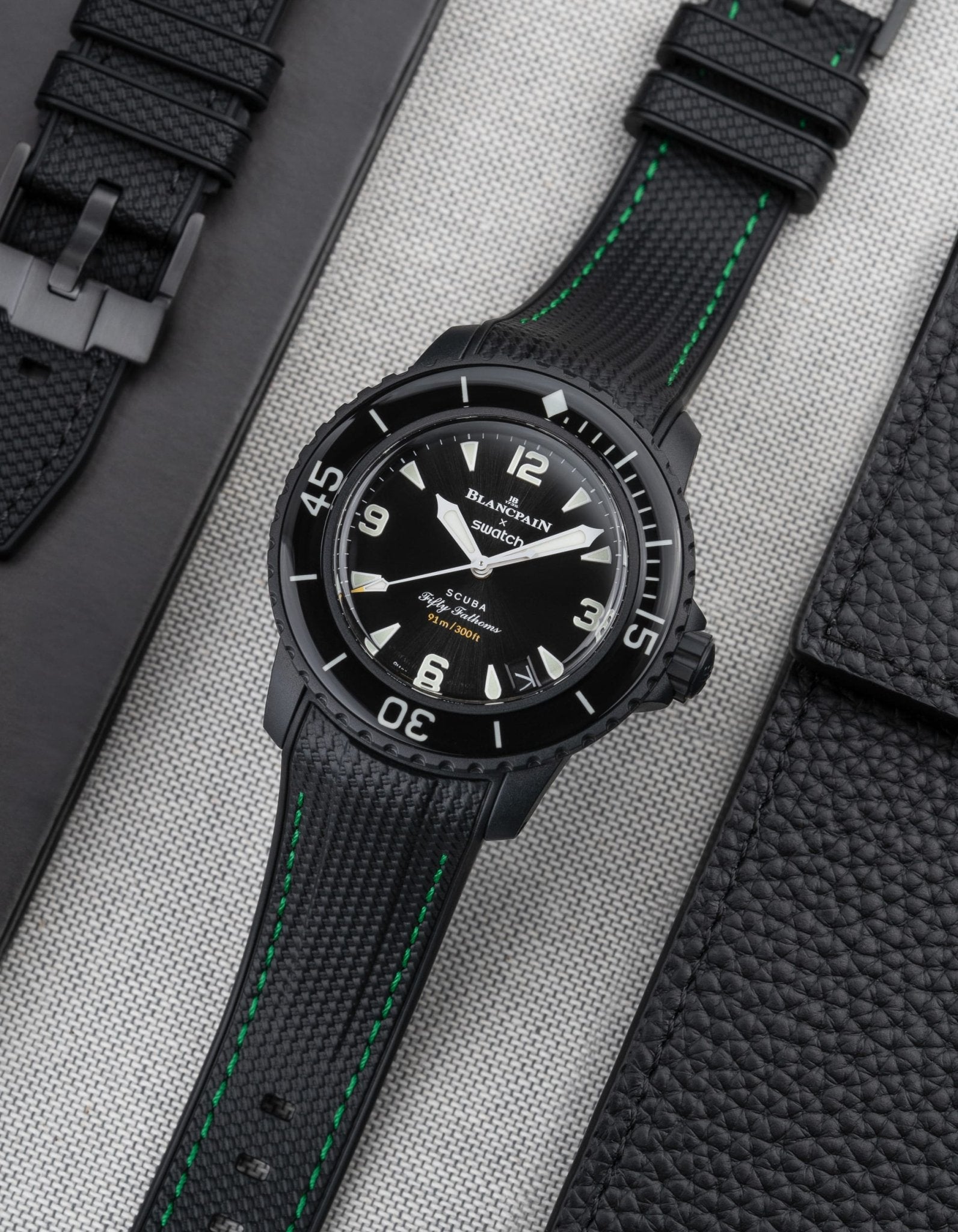 Vertech Rubber Watch Band for Blancpain X Swatch - Durable Black Strap with Green Stitches | Replacement Watch Strap for Swimming, Diving & Outdoor Activities