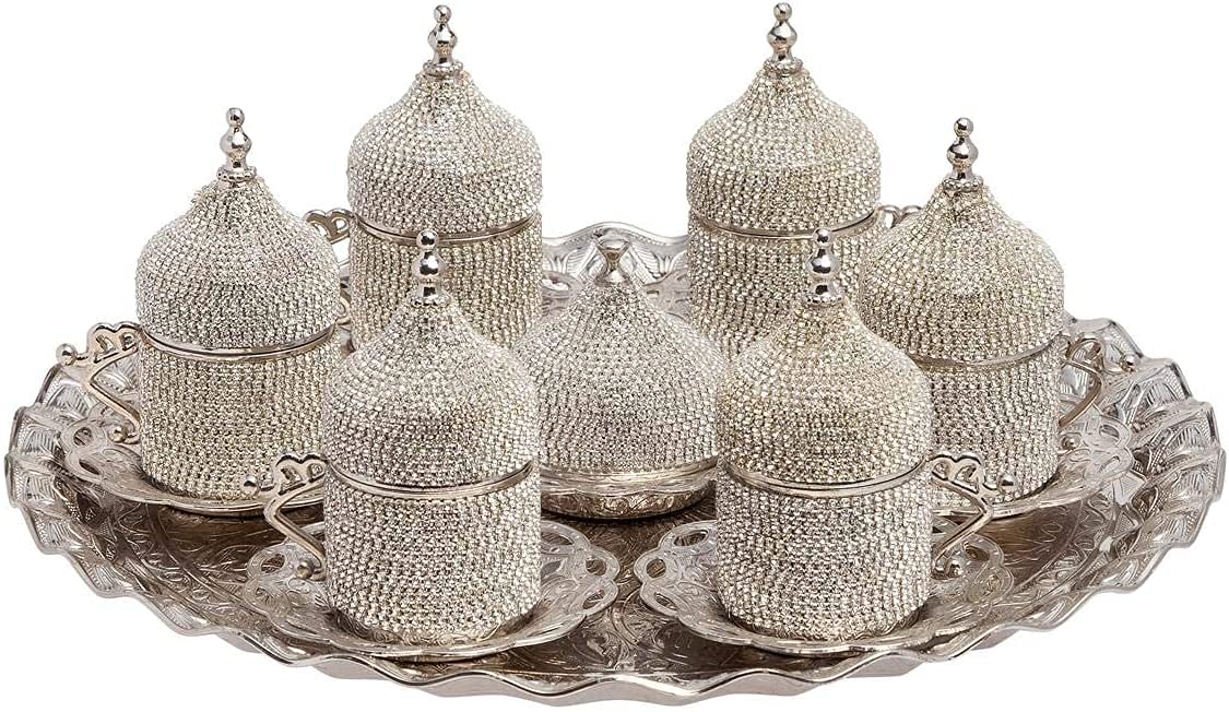Premium Turkish Coffee Espresso Crystal Glass Cups Set - 6 Cups (27 Pc) & 2 Cups (11 Pc) with Elegant Silver Saucers - Perfect for Home Brewing, Gift Giving & Traditional Coffee Ceremonies