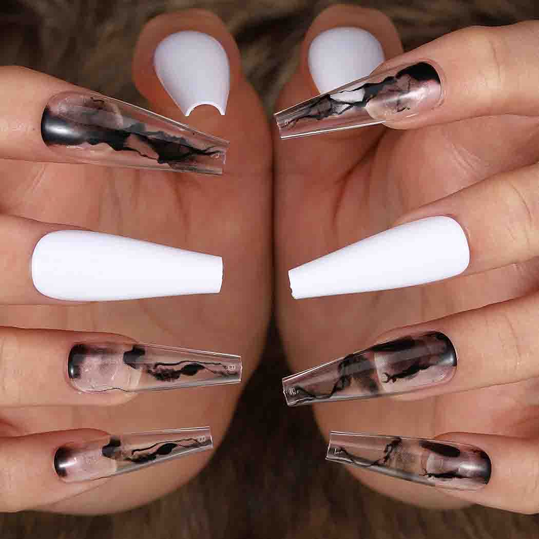Glossy Smoke Pattern Coffin Press on Nails - Extra Long Ballerina Acrylic False Nails with Elegant Design - 24Pcs Full Cover Artificial Nails for Women & Girls (White) - Perfect for Parties, Weddings, and Special Occasions
