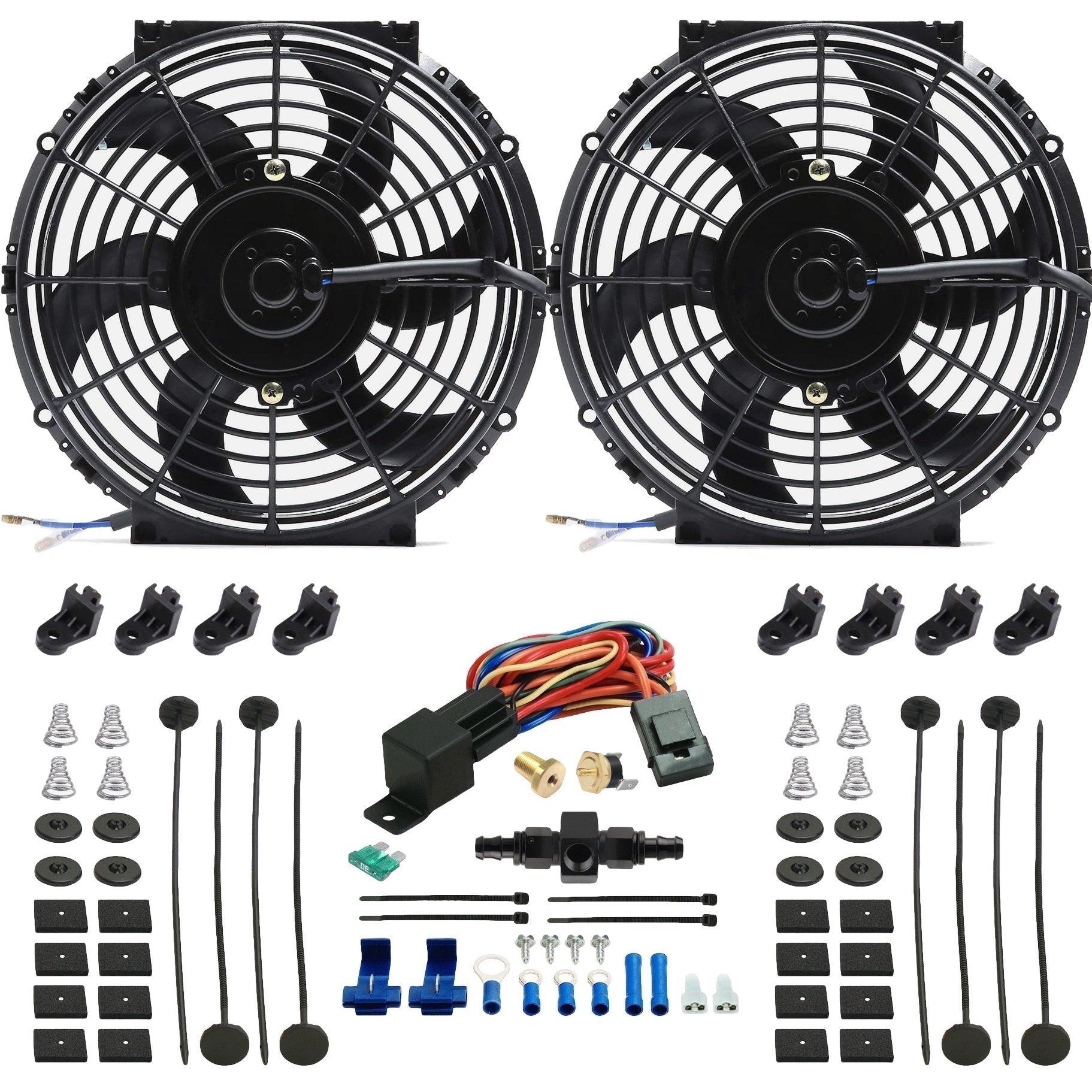 Dual 10-11 Inch 90W Electric Cooling Fans with Hose Thermostat Switch Kit - High Performance Cooling for Automotive, Truck & RV Radiators