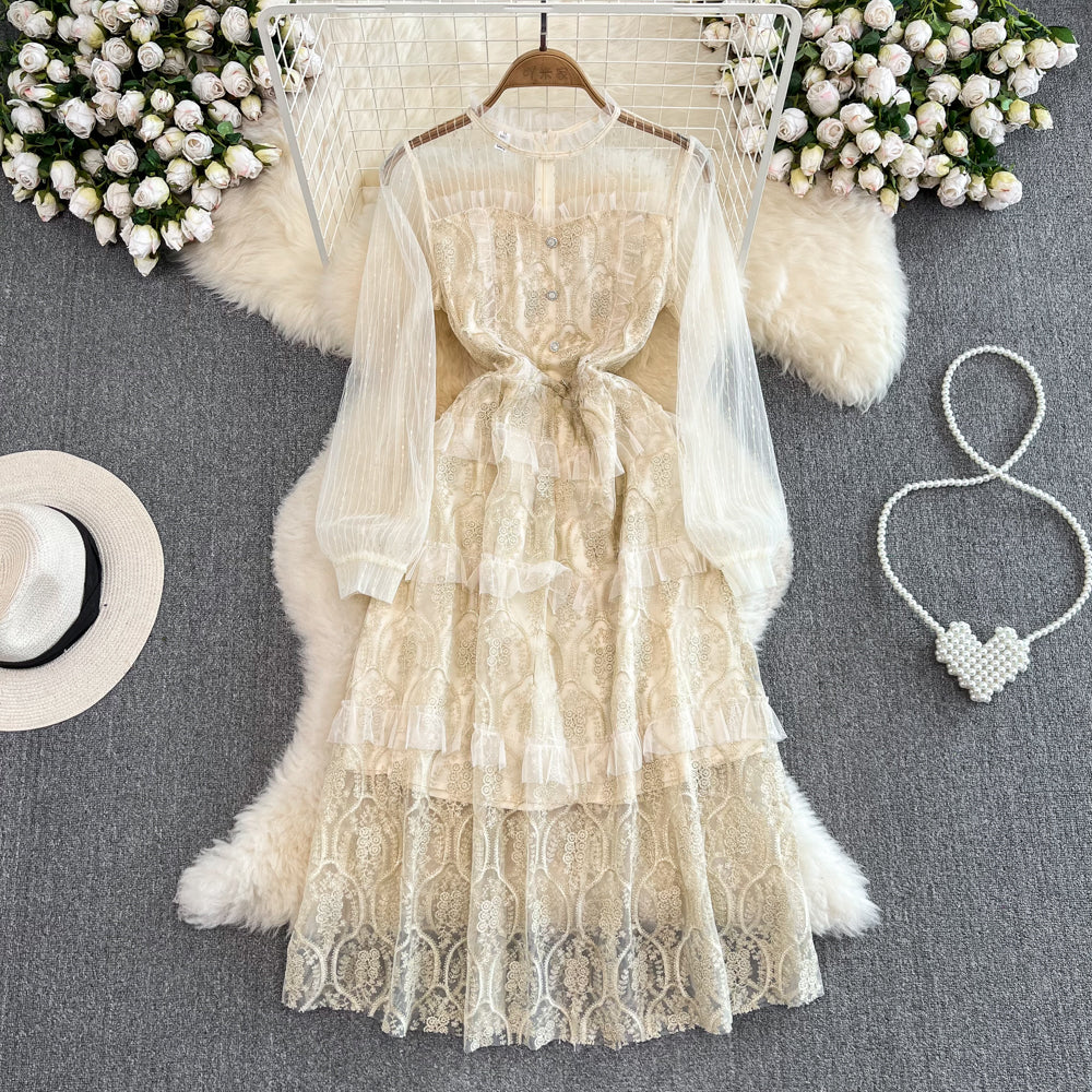 French Retro Round Neck Mesh A-Line Lace Cake Dress - Elegant Vintage Tea Party Gown for Women's Special Occasions, Weddings and Photo Shoots