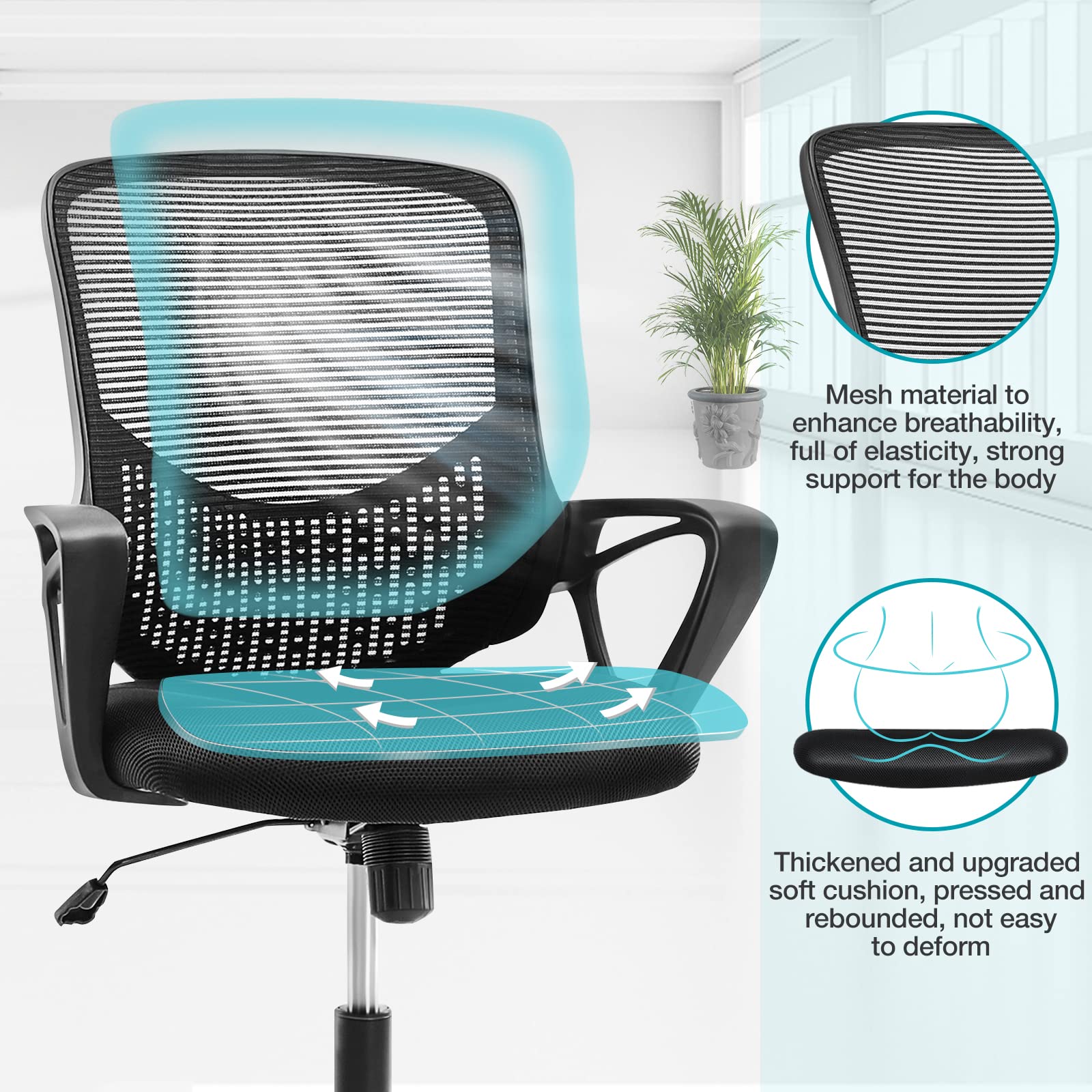 Ergonomic Office Chair with Wheels & Lumbar Support - Mid Back Mesh Computer Desk Chair with Fixed Armrests, Rolling Swivel Home Office Chair (Black) - Perfect for Long Work Hours, Gaming & Study Sessions