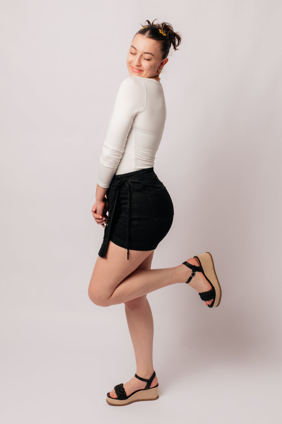 Bentli High Rise Side Tie Denim Skort - Black Stretchy Denim Skirt Shorts for Women | Casual Outfits, Summer Fashion & Street Style
