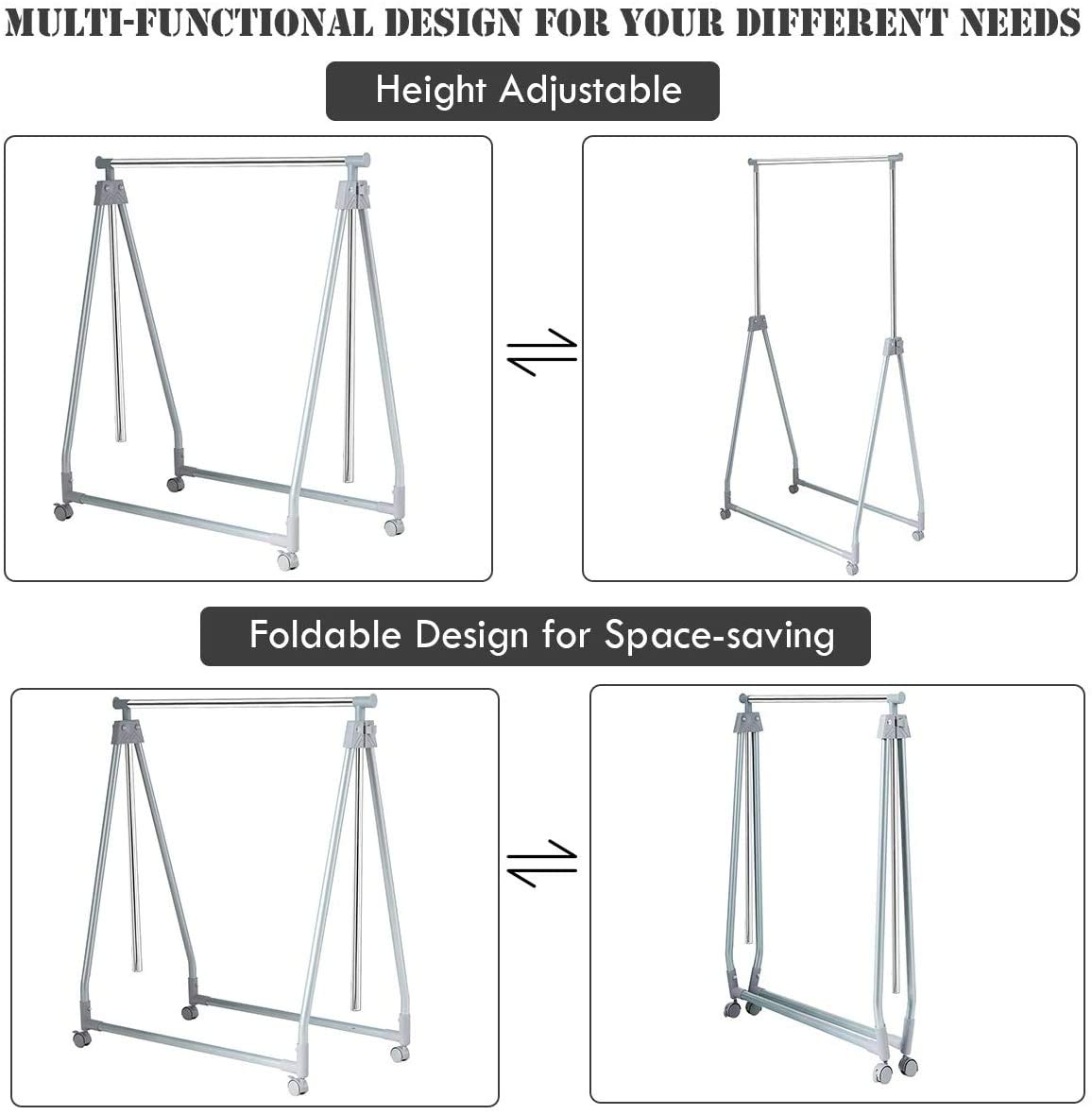 Heavy Duty Extendable Garment Rack with Adjustable Hanging Rod & Rolling Casters - Foldable Clothes Drying Rack for Home, Office, Store - Perfect for Laundry Room, Closet Organization & Retail Display