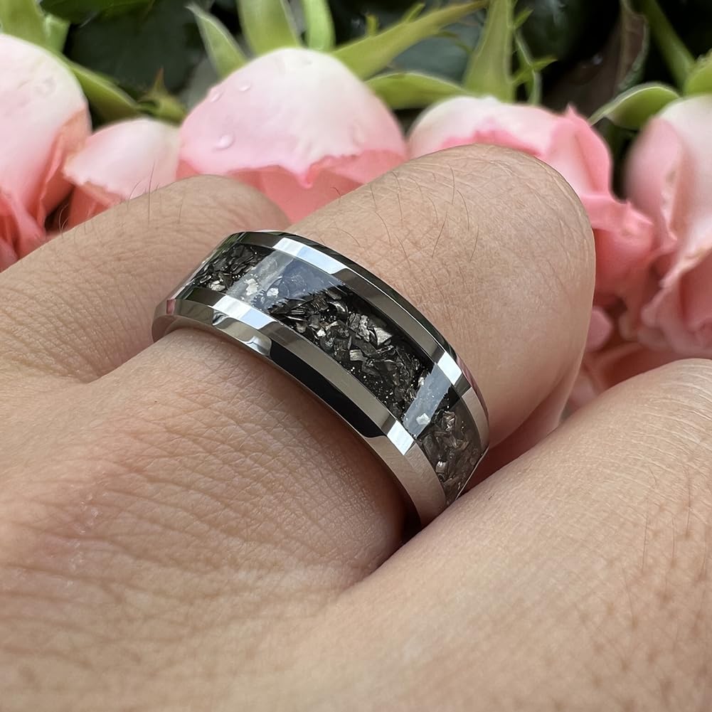 6mm & 8mm Tungsten Wedding Bands for Men & Women - Silver & Black Meteorite Inlay Rings, Comfort Fit, Beveled Edge, Polished Finish - Perfect for Engagement, Promise & Anniversary Gifts
