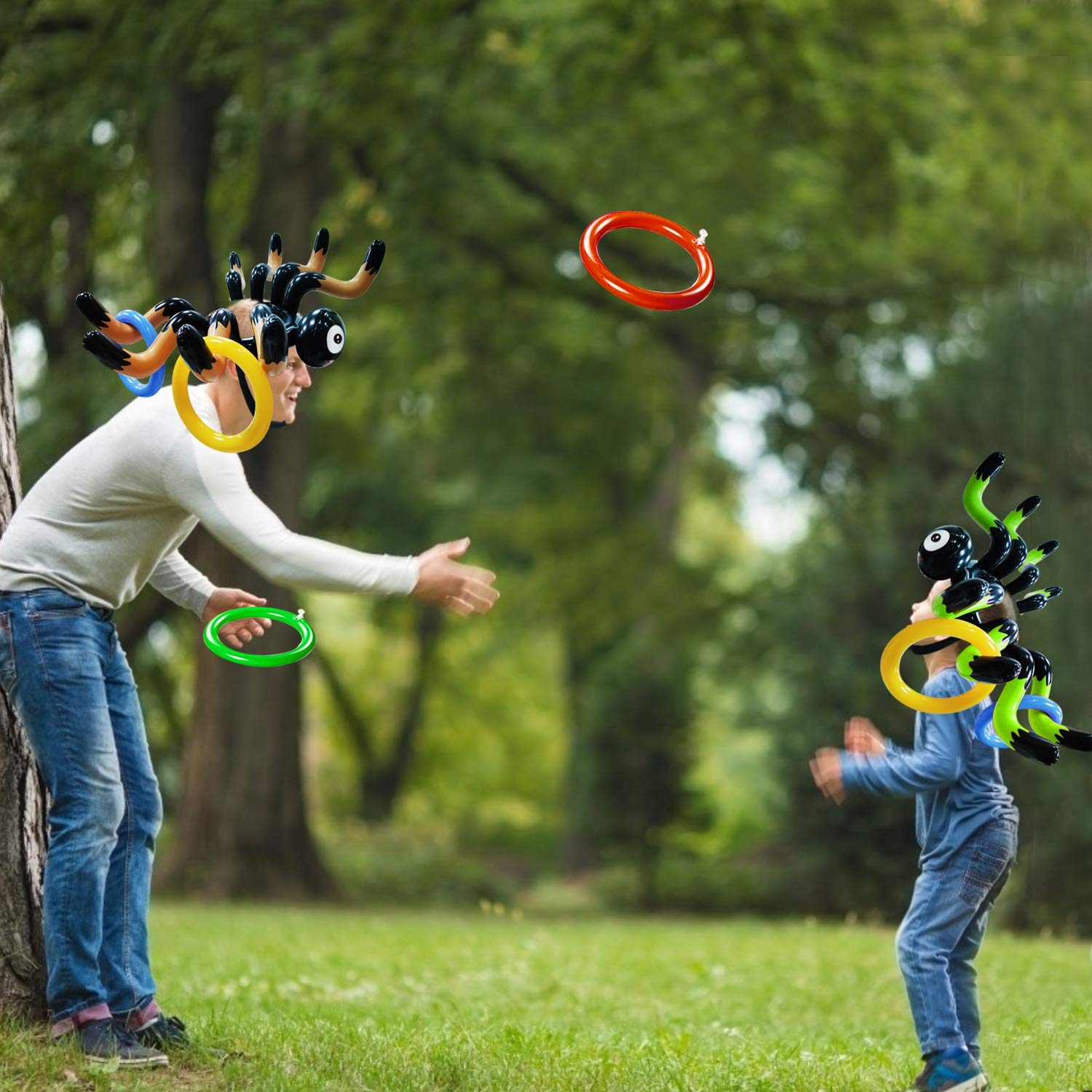10 PCS Giant Halloween Ring Toss Game Set - Inflatable Spider Toy for Kids & Adults - Indoor/Outdoor Carnival Party Games - Perfect for Halloween Parties, School Events & Family Gatherings (Includes 2 Giant Spiders & 8 Rings)